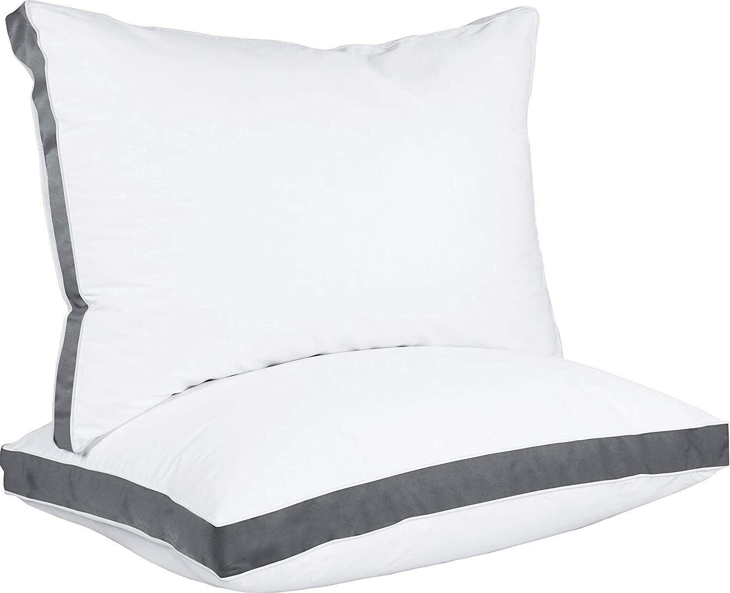 Queen Size White and Gray Gusseted Bed Pillows Set of 2