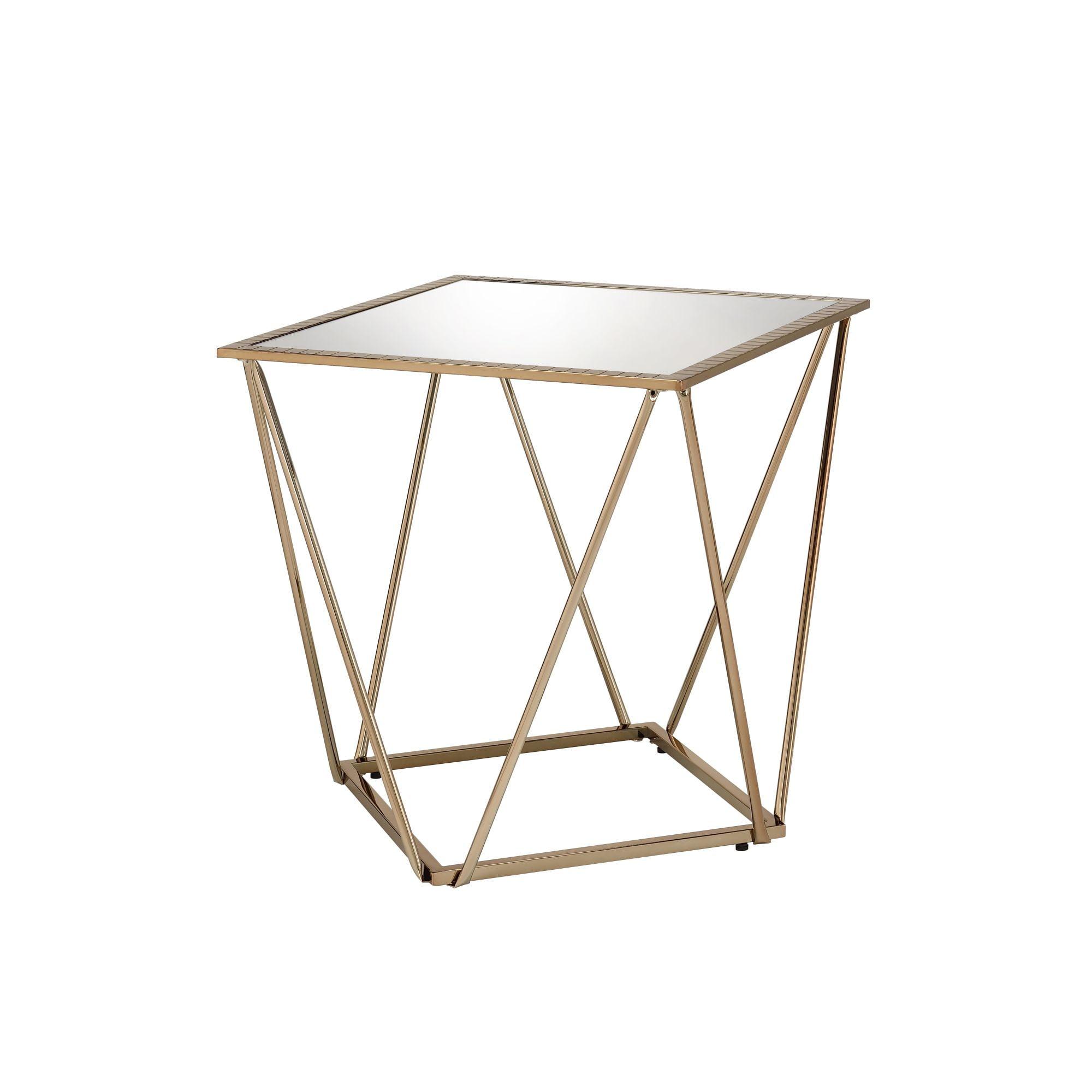 22" Fogya Mirrored Champagne Folding Table Gold Finish - Acme Furniture: No Assembly, Metal Frame, Clear Top