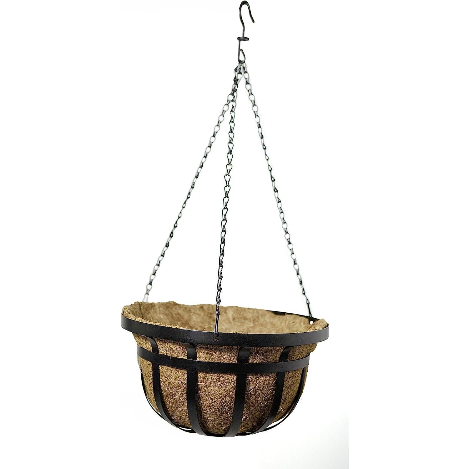 14-Inch Black Steel Round Hanging Basket with Natural Liner