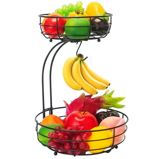 Bextsrack Fruit Basket for Kitchen Countertop, 2-Tier Vegetable Fruit Bowl with Banana Hanger, Black