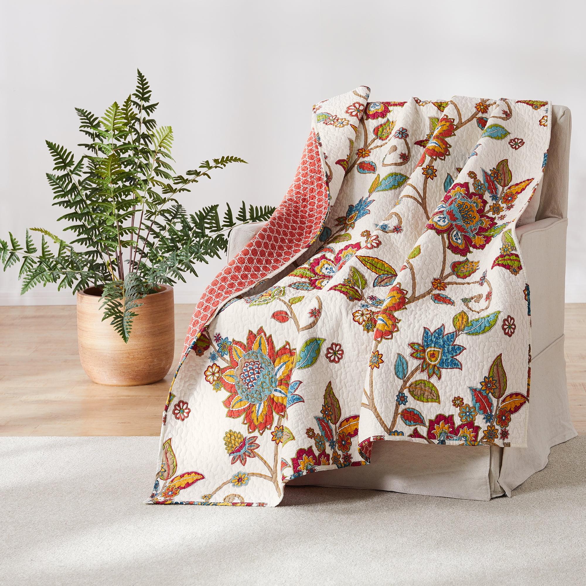 Clementine Autumnal Jacobean Floral Cotton Quilted Throw 50x60in