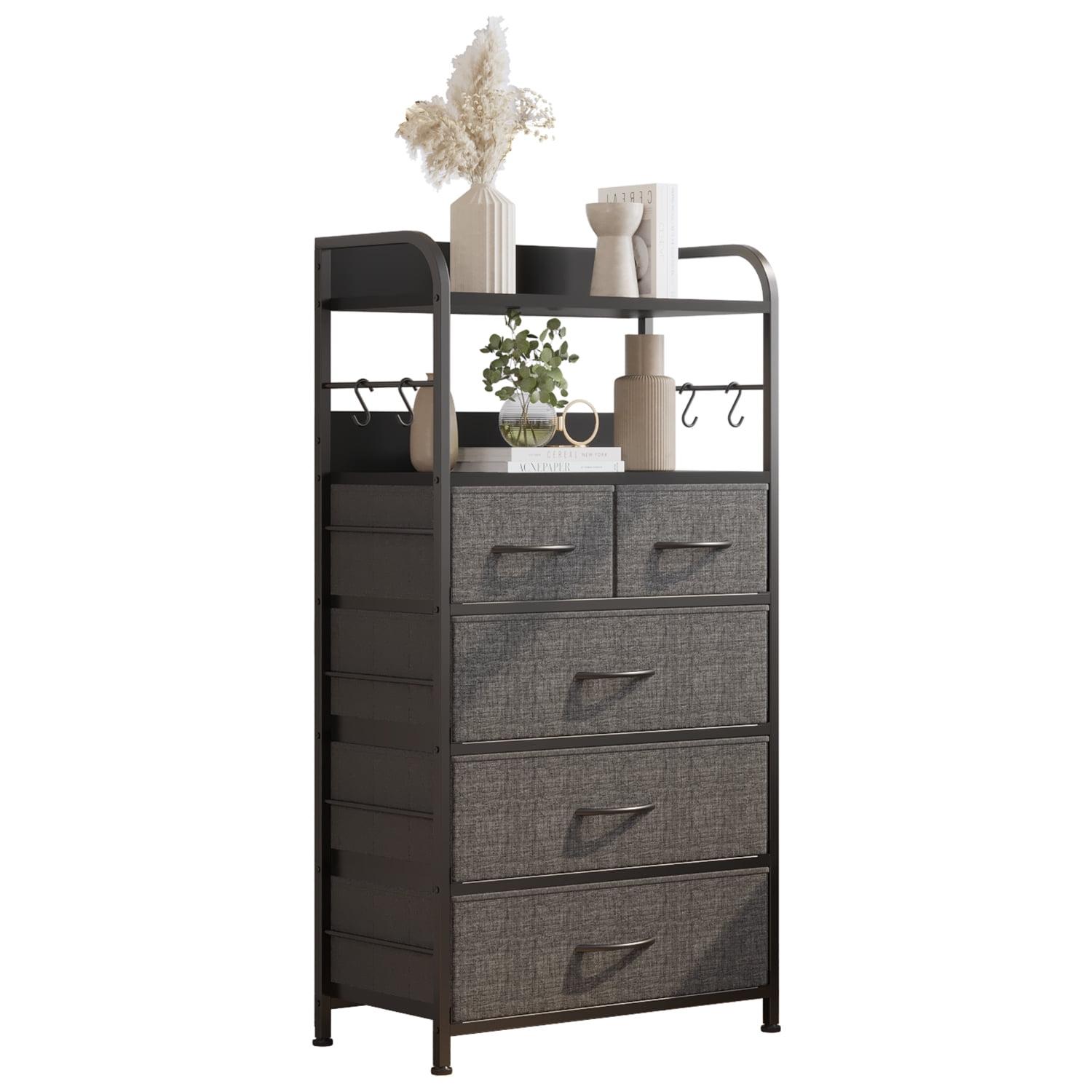 Jojoka 5-Drawers Dresser for Bedroom, Chests of Drawers with Hooks, Wood Table Top, Sturdy Metal Frame, Fabric Storage Organizer Cabinet for kitchen, Living Room, Hallway, Entryway, Rustic Grey