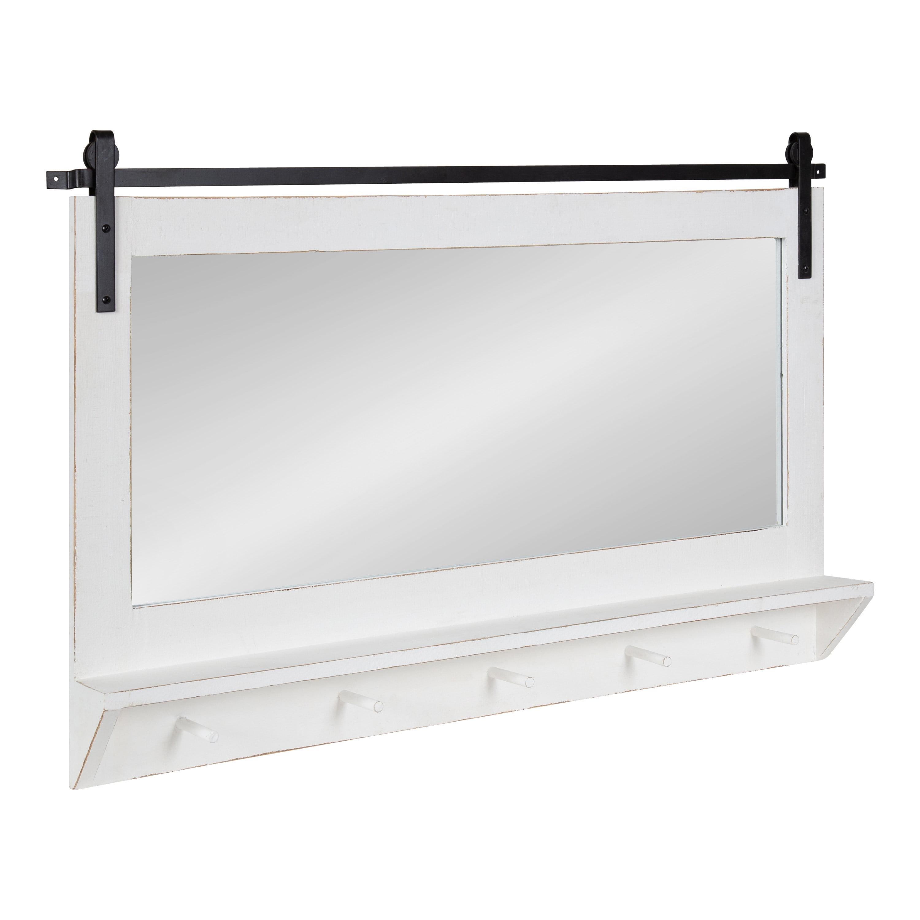 White Rectangular Wood Wall Mirror with Shelf and Hooks