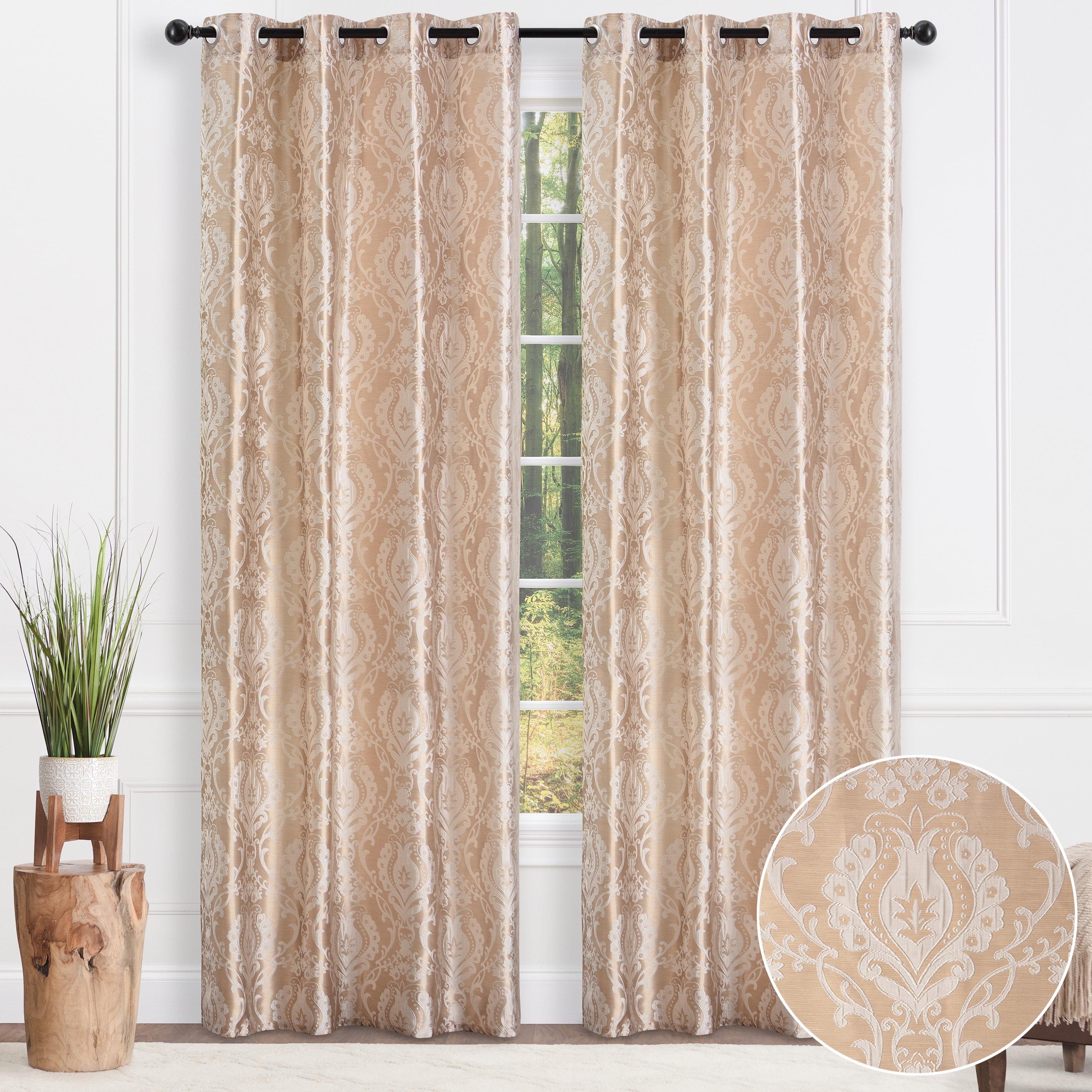 Royal Beige Damask Jacquard Room-Darkening Grommet Curtains