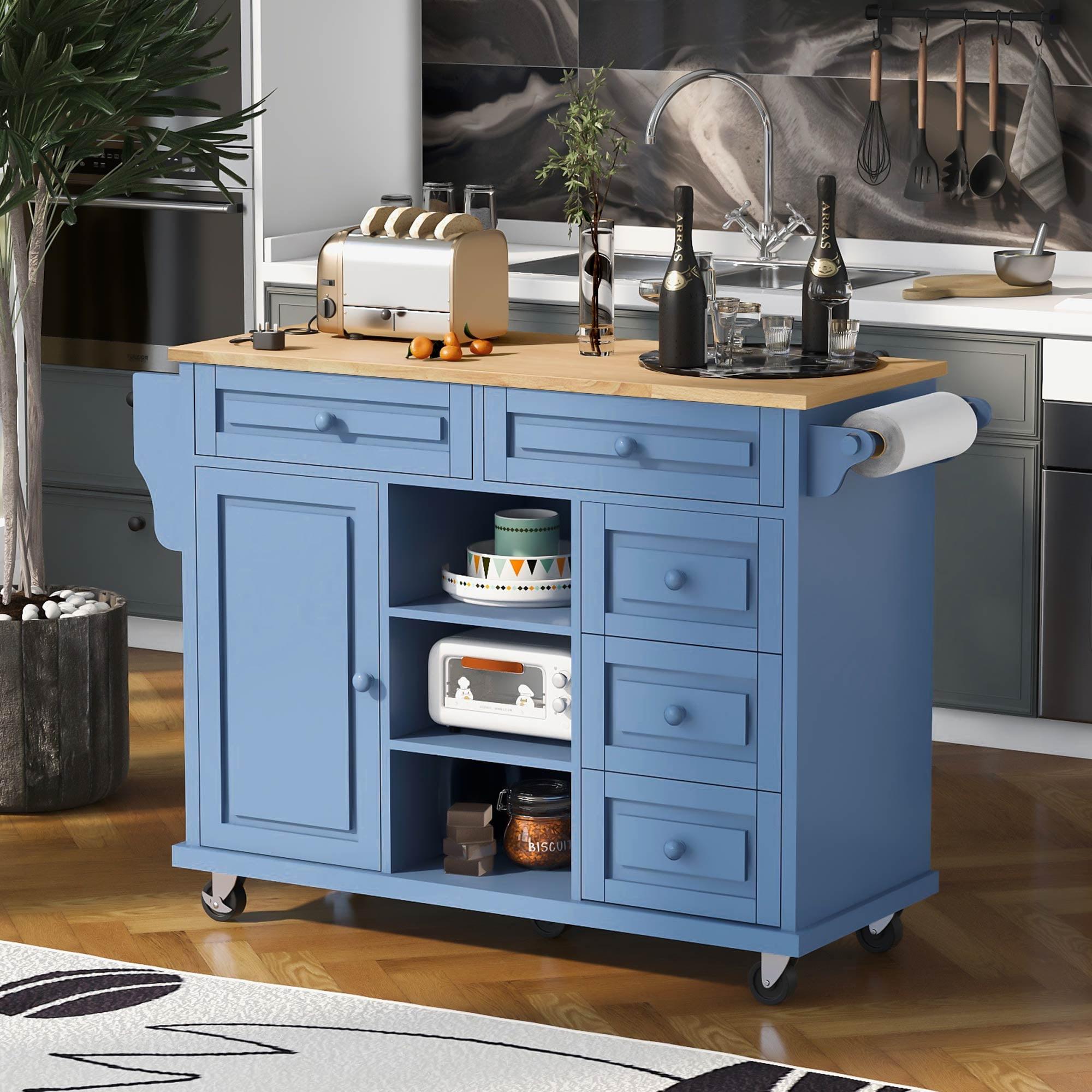 Kitchen Cart with Storage Cabinet, Rolling Mobile Kitchen Island with Adjustable Shelves and 5 Drawers, 53" W Bar Cart Trolley with Spice Rack and Locking Wheels for Dining Room Kitchen, Blue