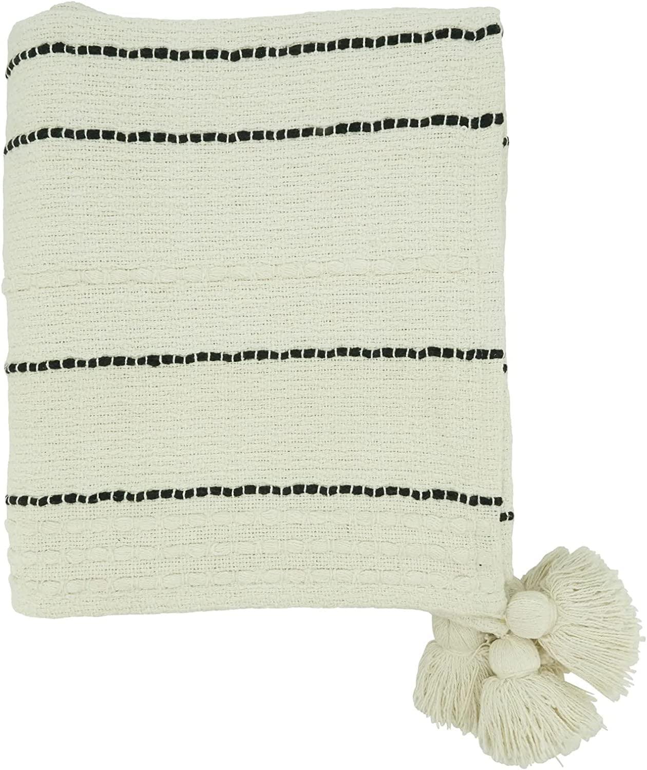 Ivory Cotton Stripe Chunky Tassel Throw Blanket