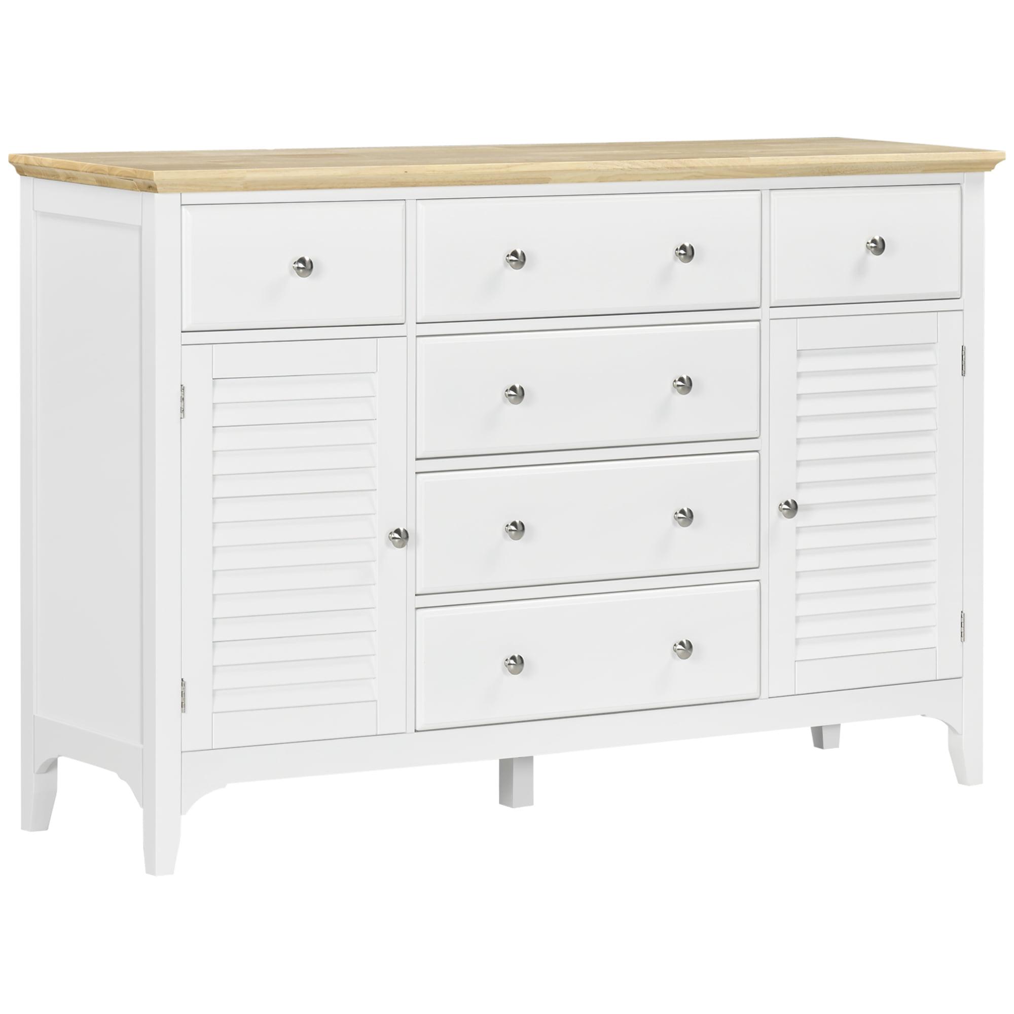 Modern White Sideboard Buffet with Adjustable Shelves and Rubberwood Top