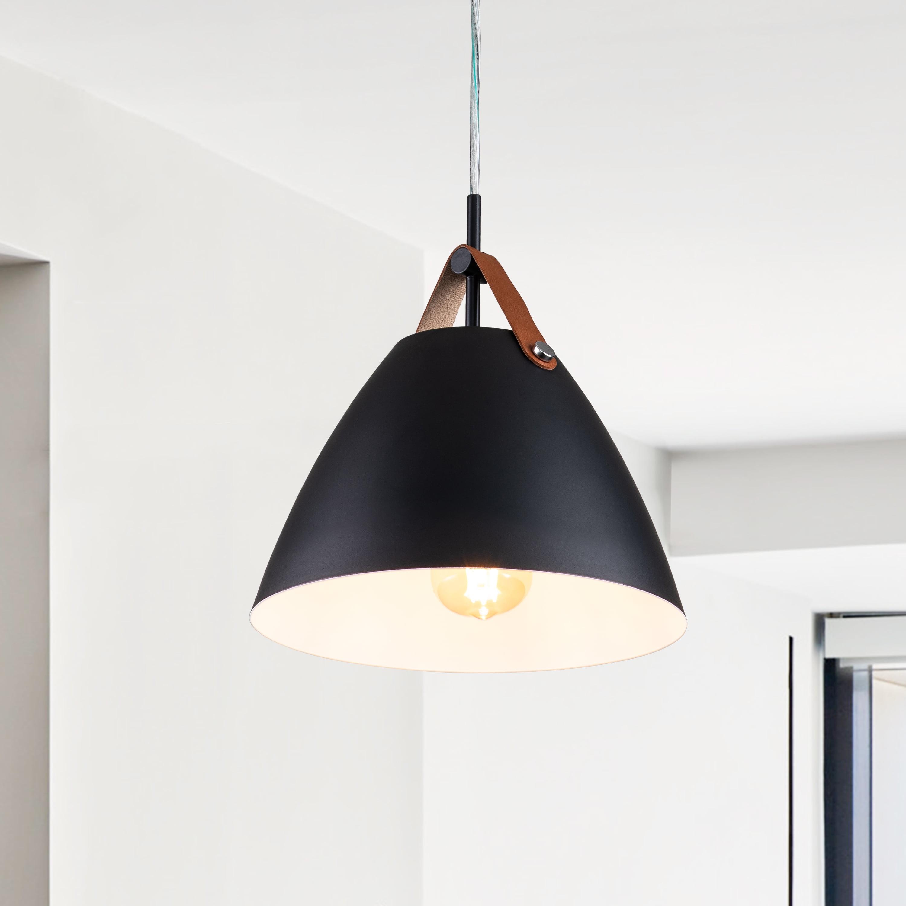 Modern 10.75" Black Aluminum Dome Pendant with Leather Strap