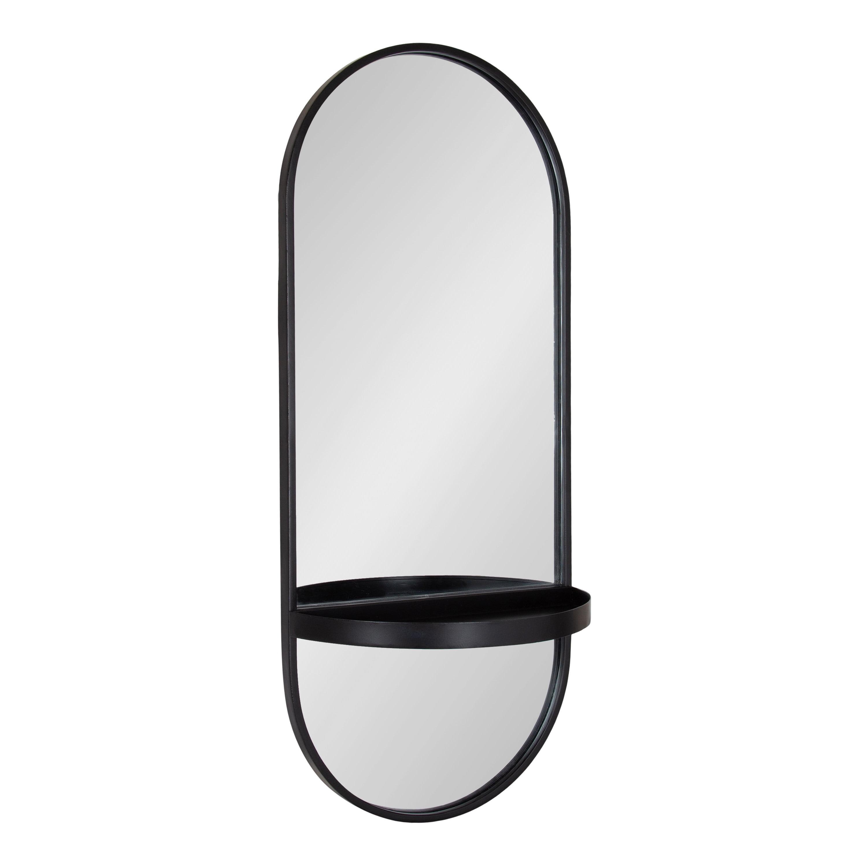 Black Oval Metal Wall Mirror with Shelf, 16 x 38