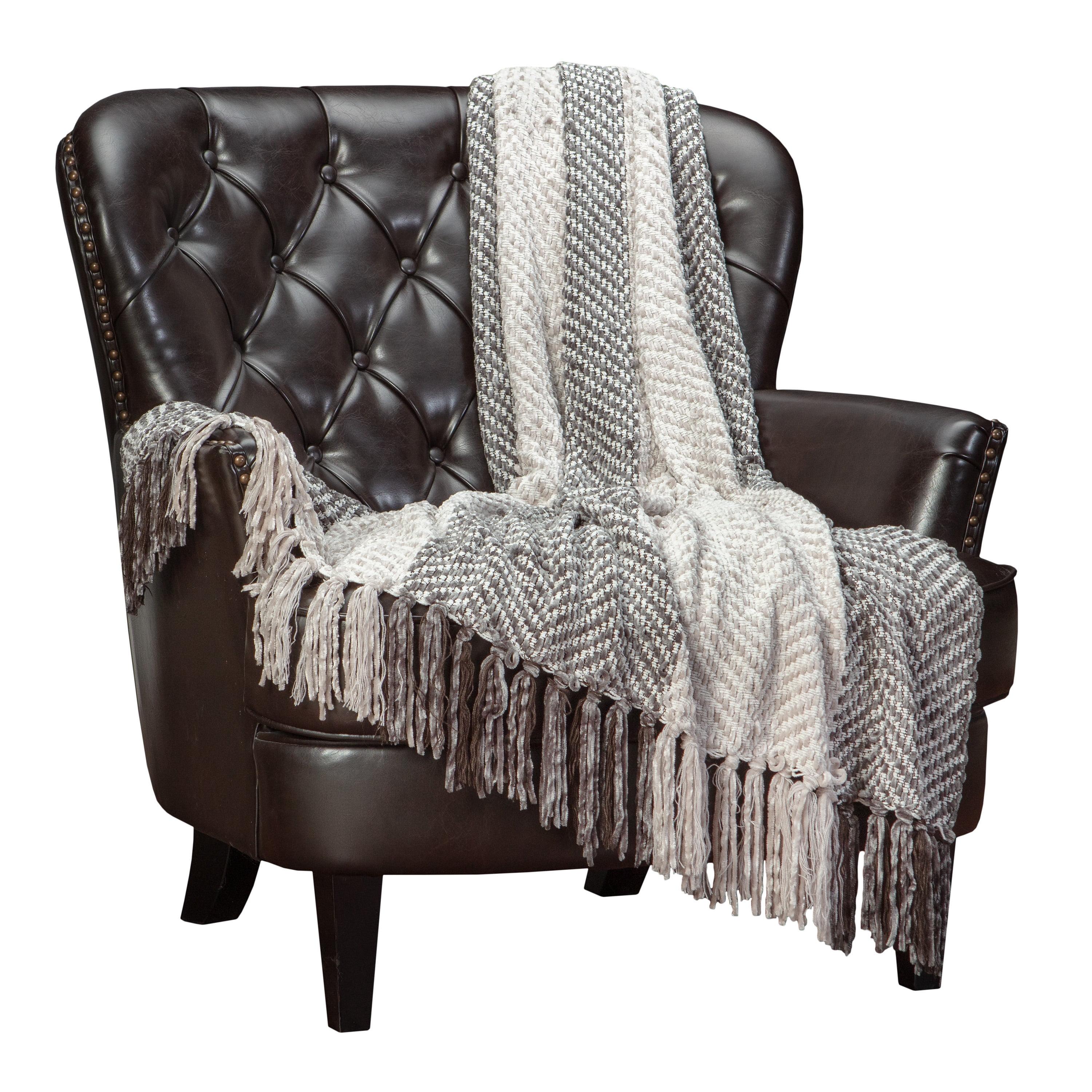 Taupe and Cream Knitted Chenille Throw Blanket with Fringe