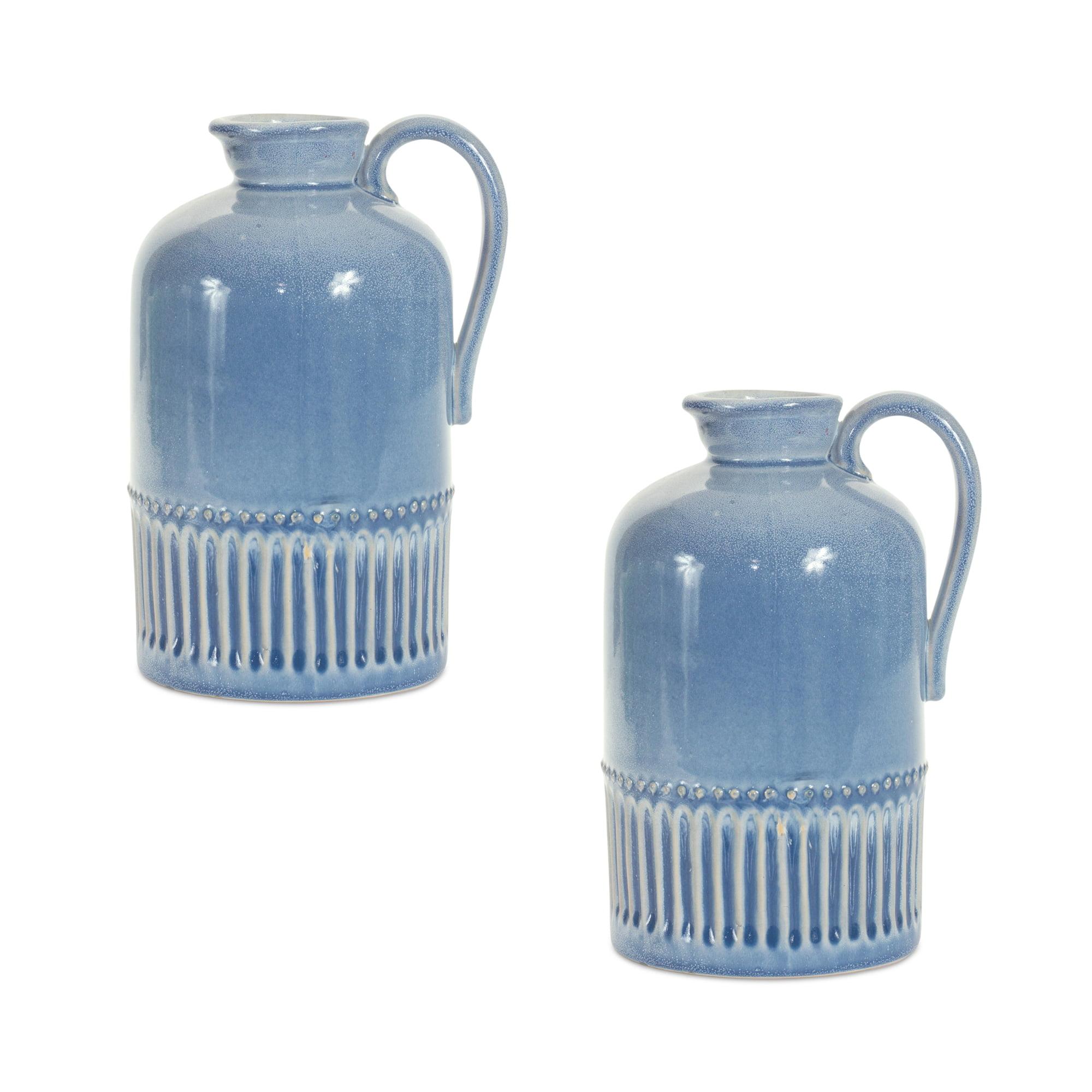 Rustic Blue Ribbed Ceramic Decorative Jug Vase Set
