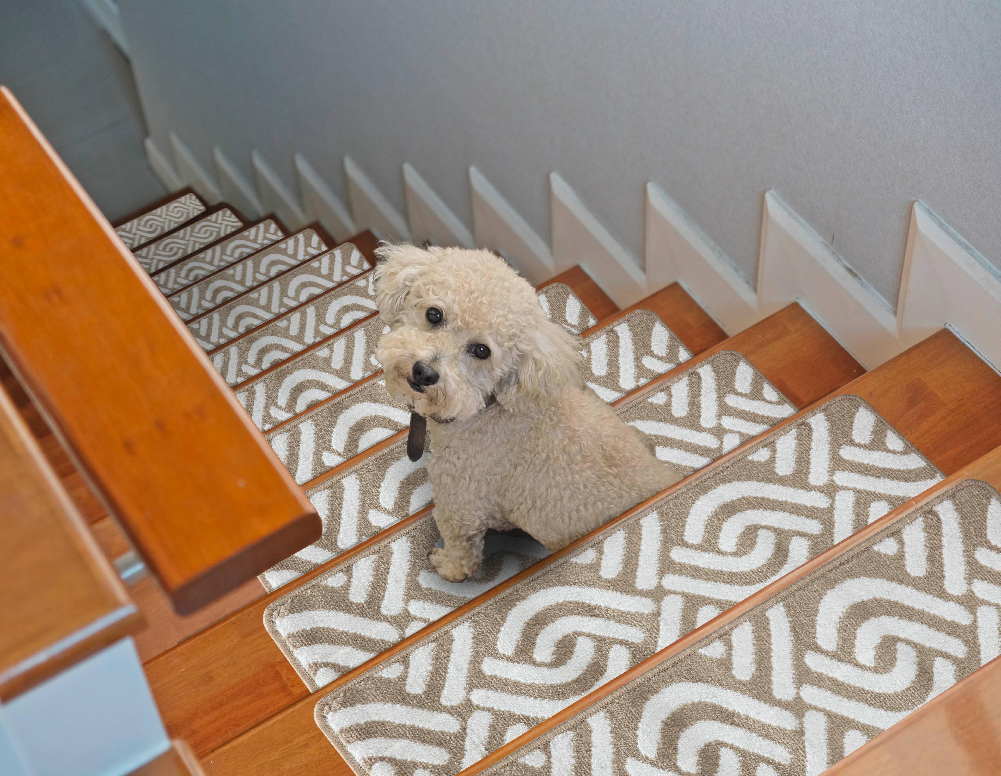 Beige and White Chevron Non-Slip Stair Treads Set of 7