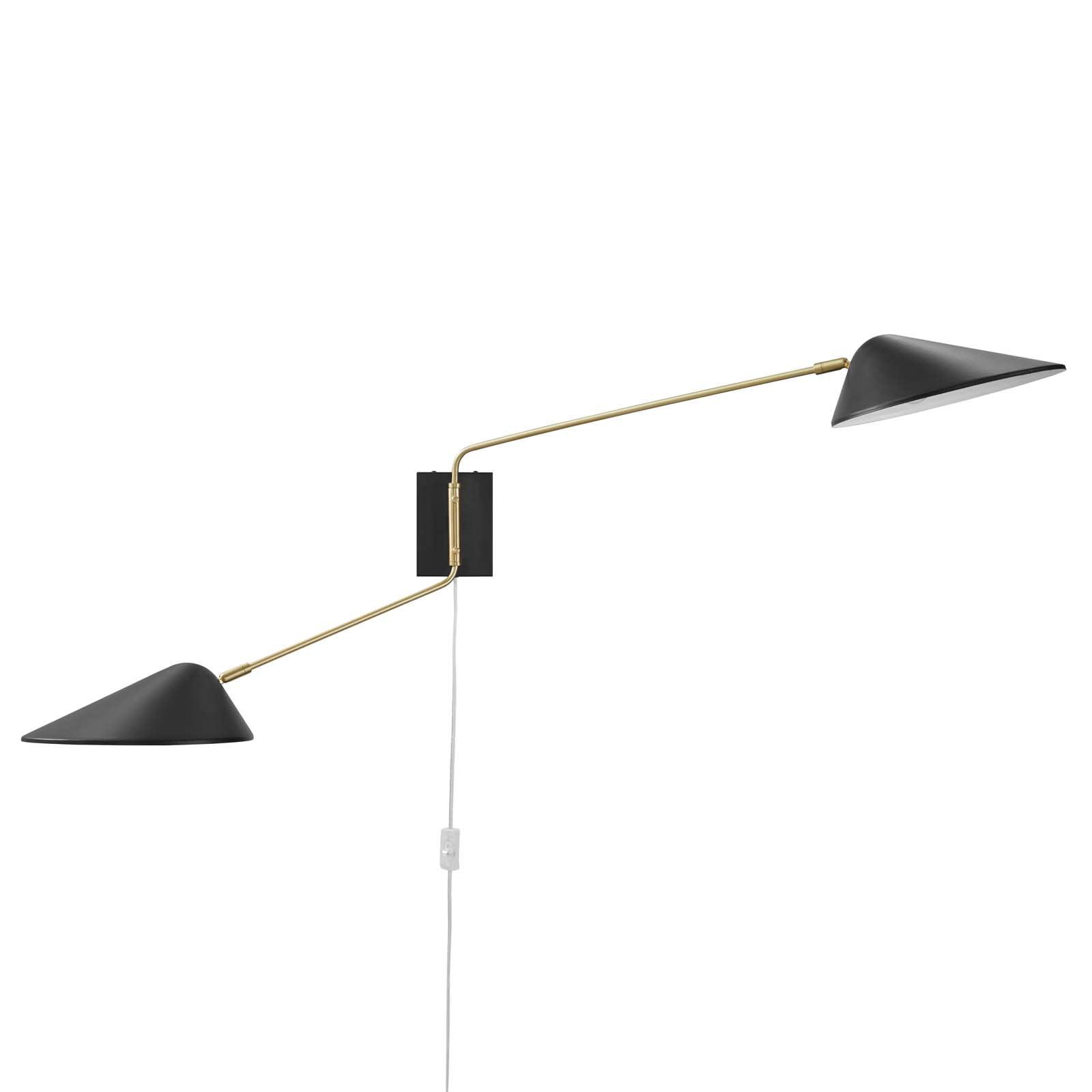 Mid-Century Modern Matte Black Swing Arm Wall Sconce with Satin Brass