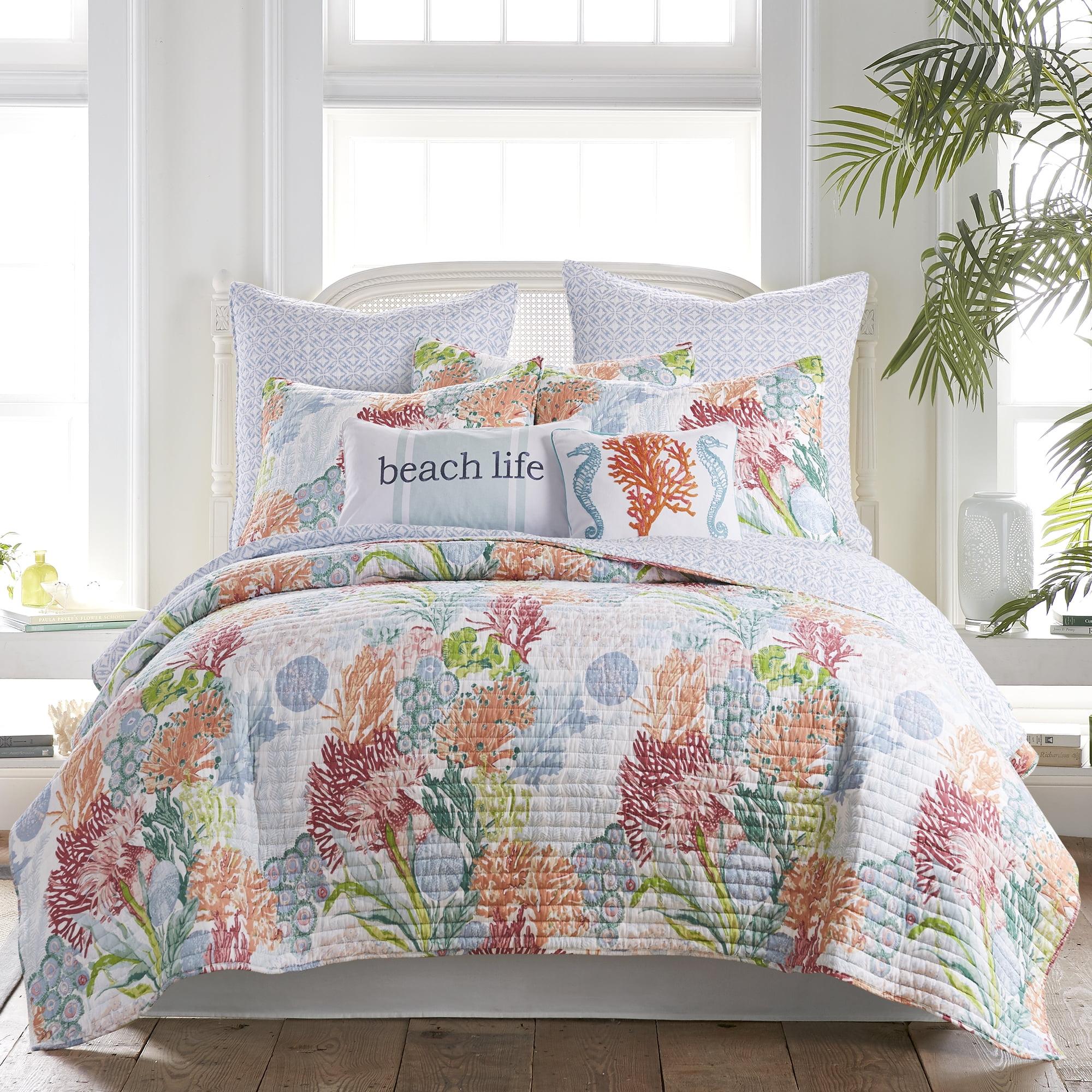 Caribbean Coral King Cotton Quilt Set with Reversible Blue Trellis Design