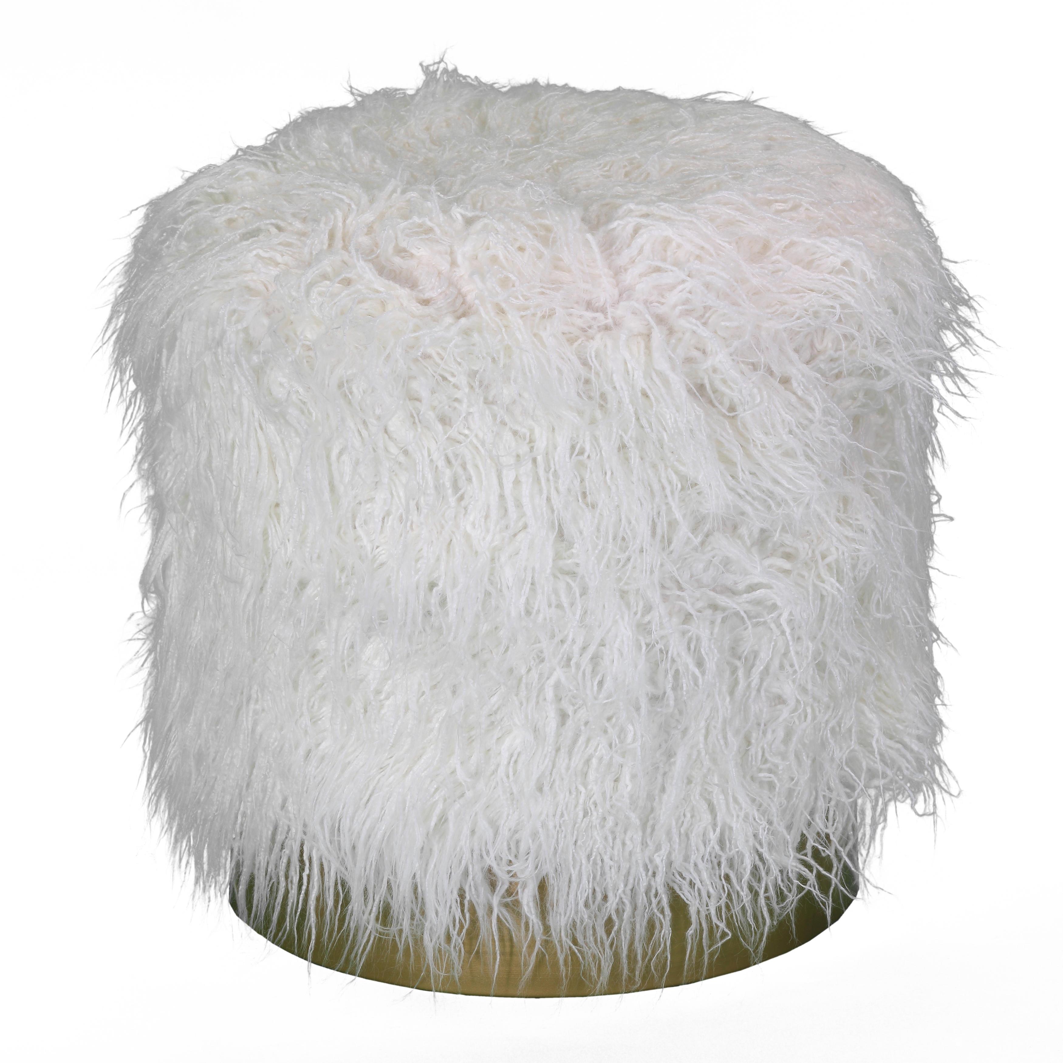 Sheppe 18" Round White Faux Fur Ottoman with Gold Metal Base