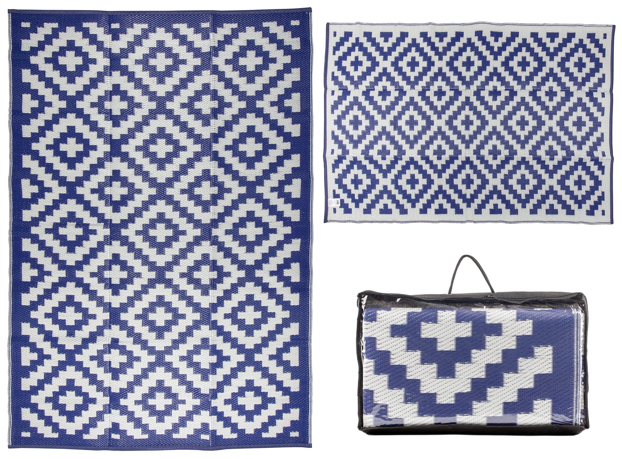 MSRUGS Courtyard Collection Trellis Design Blue/White Reversible Indoor/Outdoor Mat Area Rug with Bag - 9' x 12'