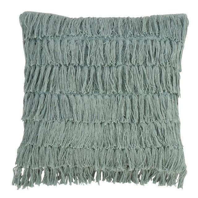 Fennco Styles Bohemian Woven Fringes Down Filled 18 x 18 Inch Cotton Throw Pillow with Case & Insert - Mint