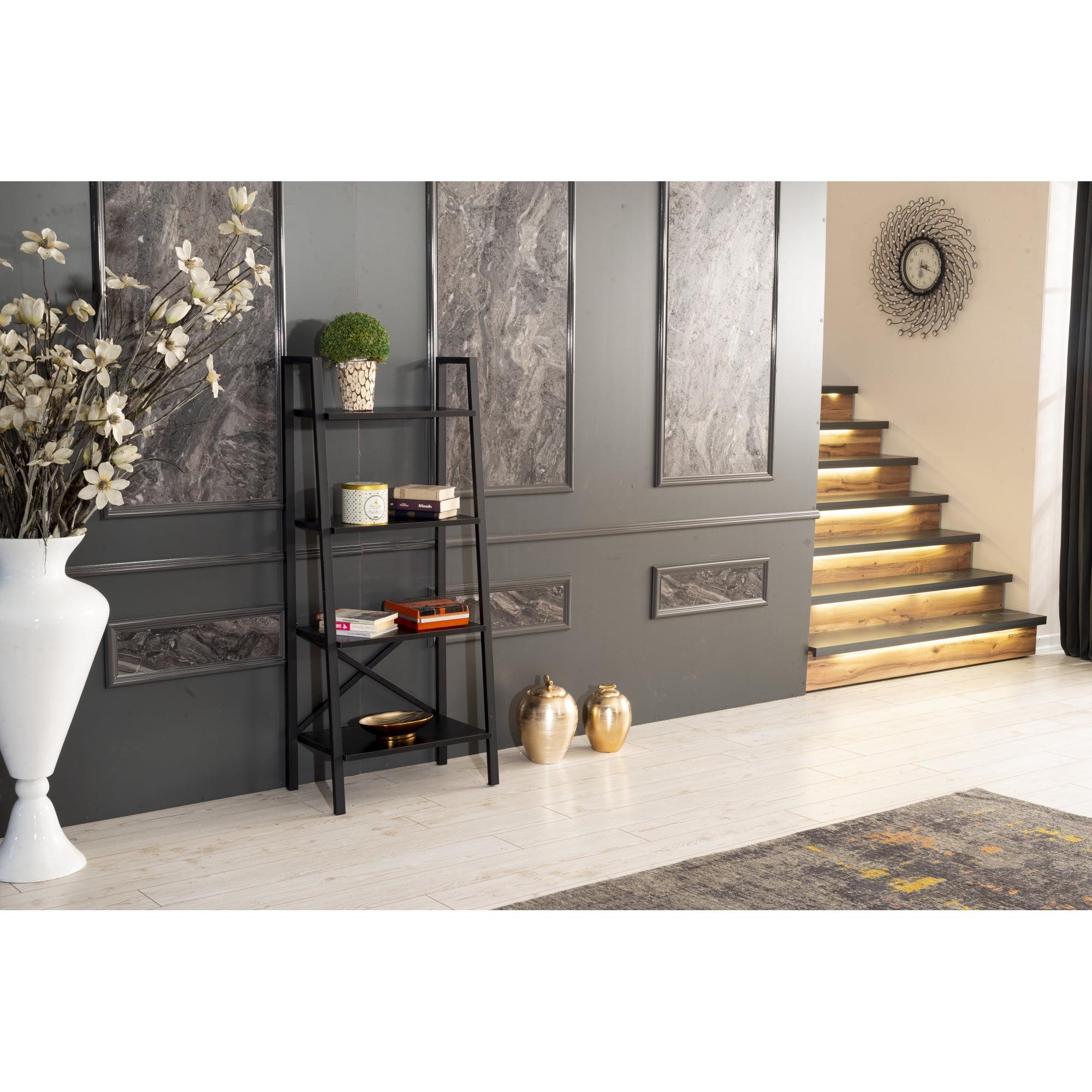 Leon 5 Tier Modern Ladder Bookshelf Organizers, Metal Frame Bookshelf for Small Spaces in Your Living Rooms, Office Furniture Bookcase, Black 949533