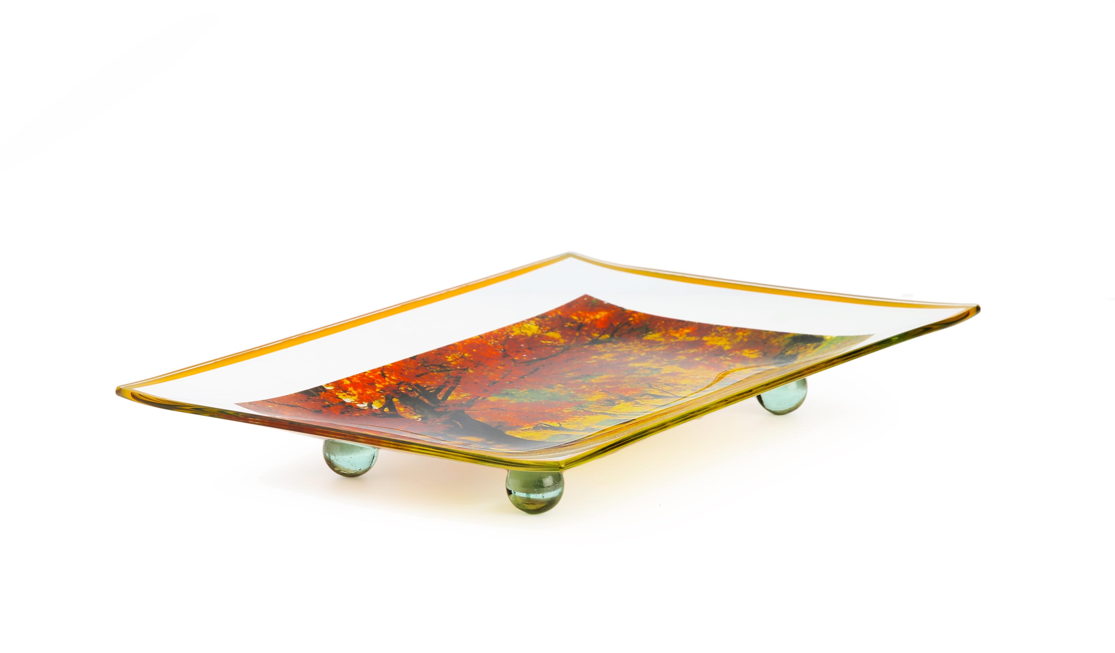 GAC Unique Landscape Design Rectangular Tempered Glass Serving Tray on Glass Ball Legs – 10x14 Inch – Break Resistant – Oven, Microwave, and Dishwasher Safe–Attractive Yellow Colored Serving Platter