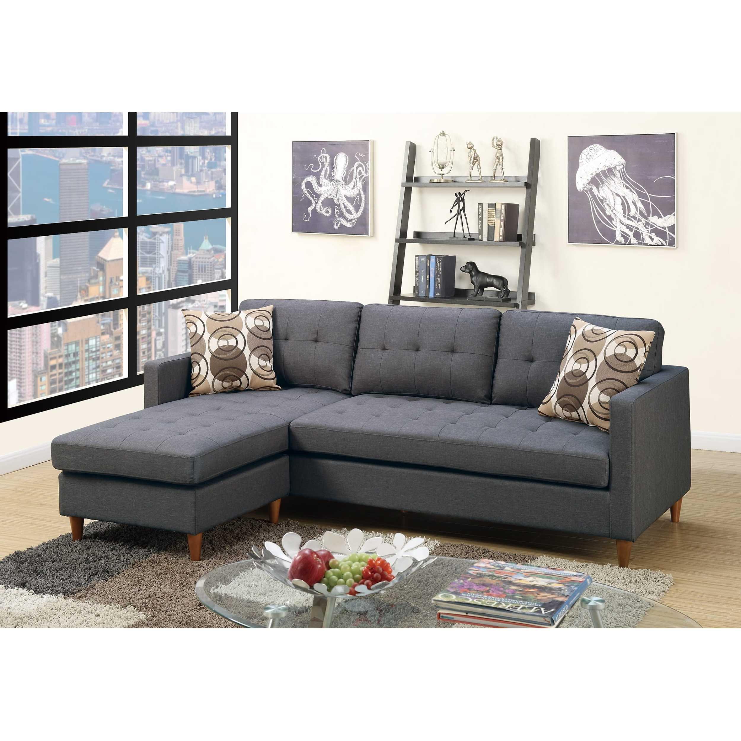 Gray Tufted Fabric Reception Sectional Sofa Set with Pillow Back