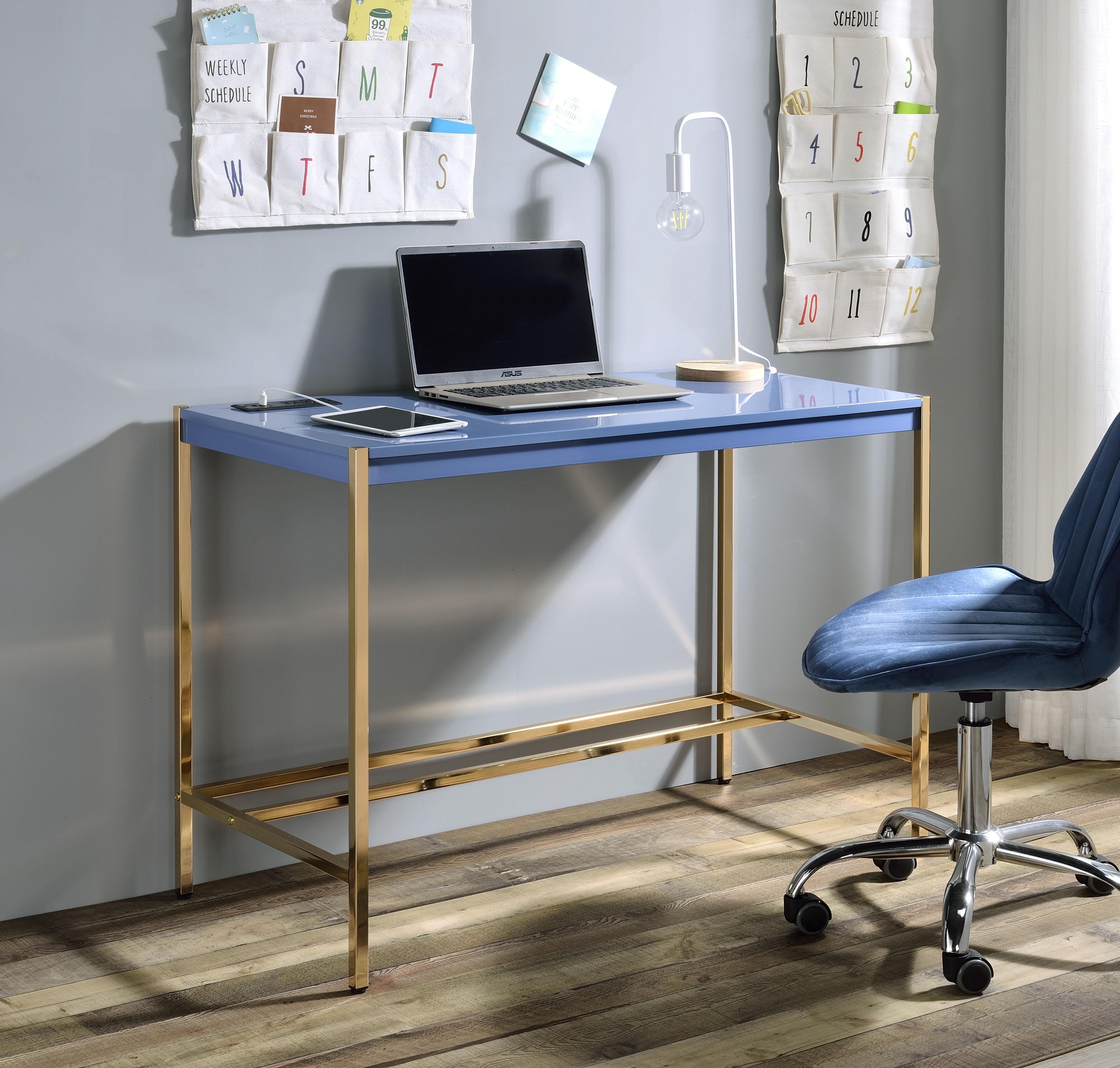 42" Midriaks Writing Desk Navy Blue/Gold Finish - Acme Furniture: Chic Office Furniture with USB Ports