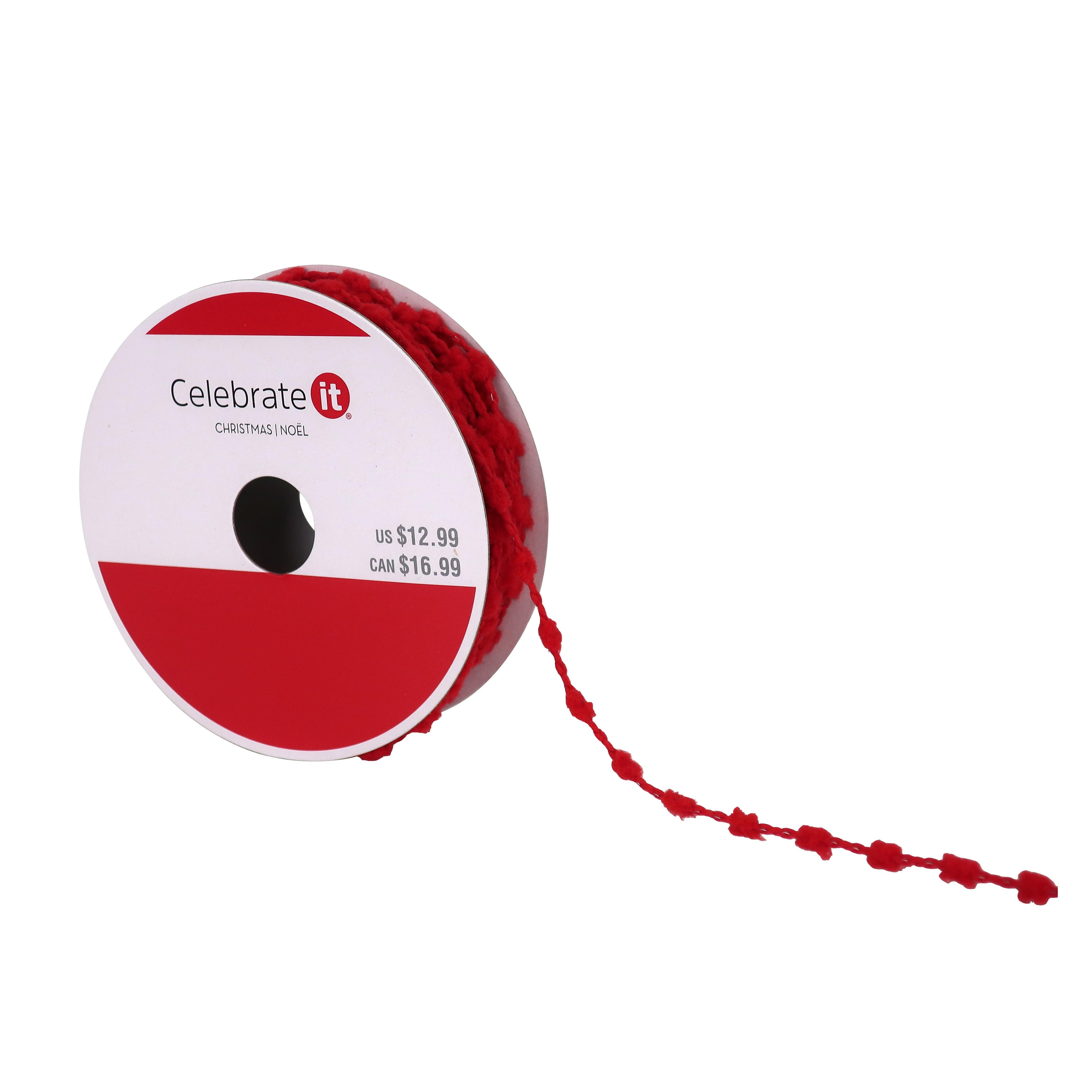 0.27" x 30ft. Red Pom Pom Wired Trim Ribbon by Celebrate It® Christmas - Christmas Ribbons for Crafting and Home Decor