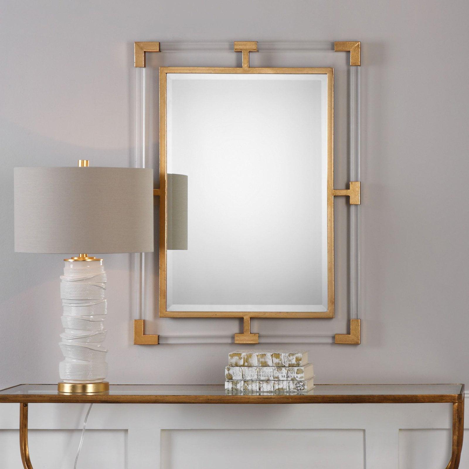 Transitional Gold Leaf Rectangular Wall Mirror with Clear Acrylic Bars