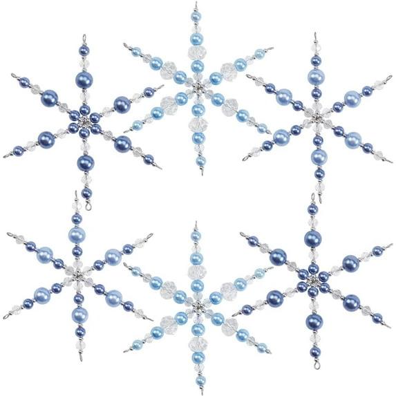 1 Box 6 Pack Glass Beaded Snowflake Ornaments Crystal Snowflakes Decorations Wire Frame Blue White Snowflake Bead Christmas Ornament Craft Decoration