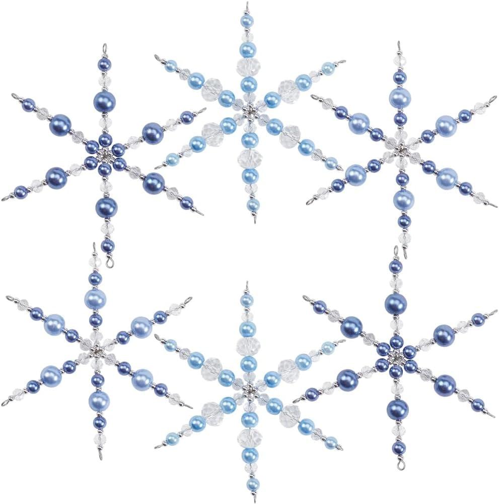 1 Box 6 Pack Glass Beaded Snowflake Ornaments Crystal Snowflakes Decorations Wire Frame Blue White Snowflake Bead Christmas Ornament Craft Decoration