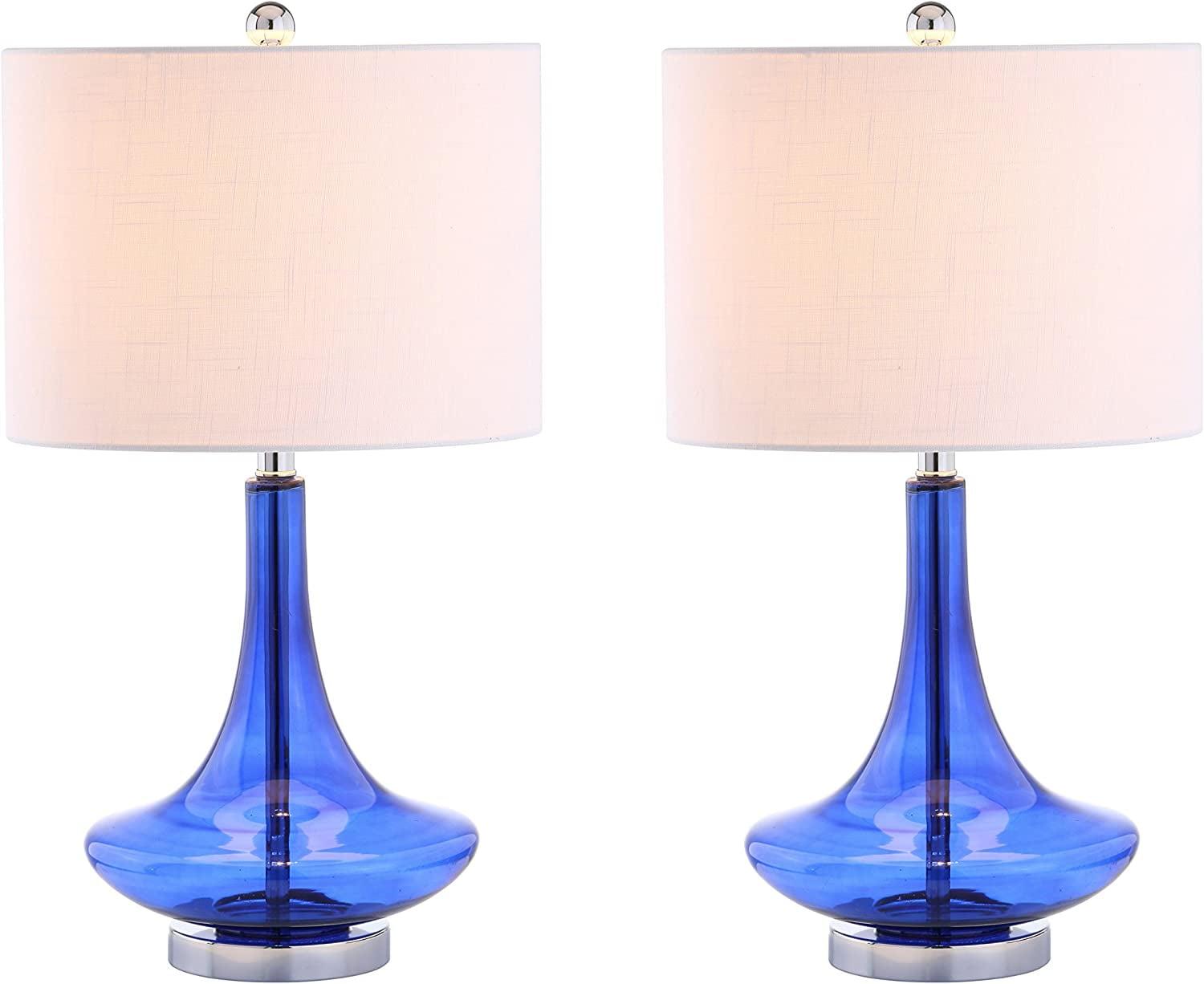 Cecile Cobalt Blue Glass Teardrop Table Lamp Set with Linen Shade