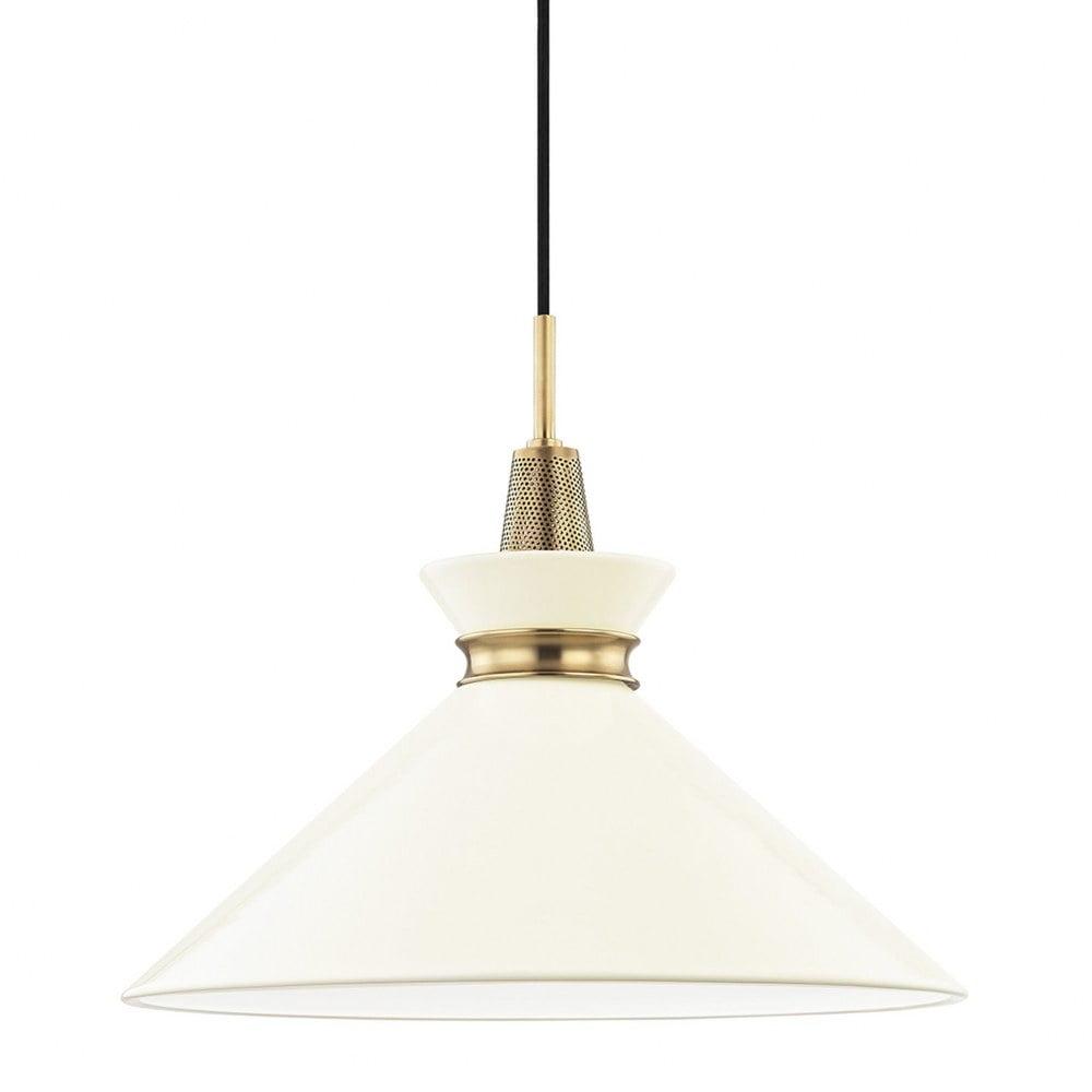 Aged Brass and Cream Large Cone Pendant Light