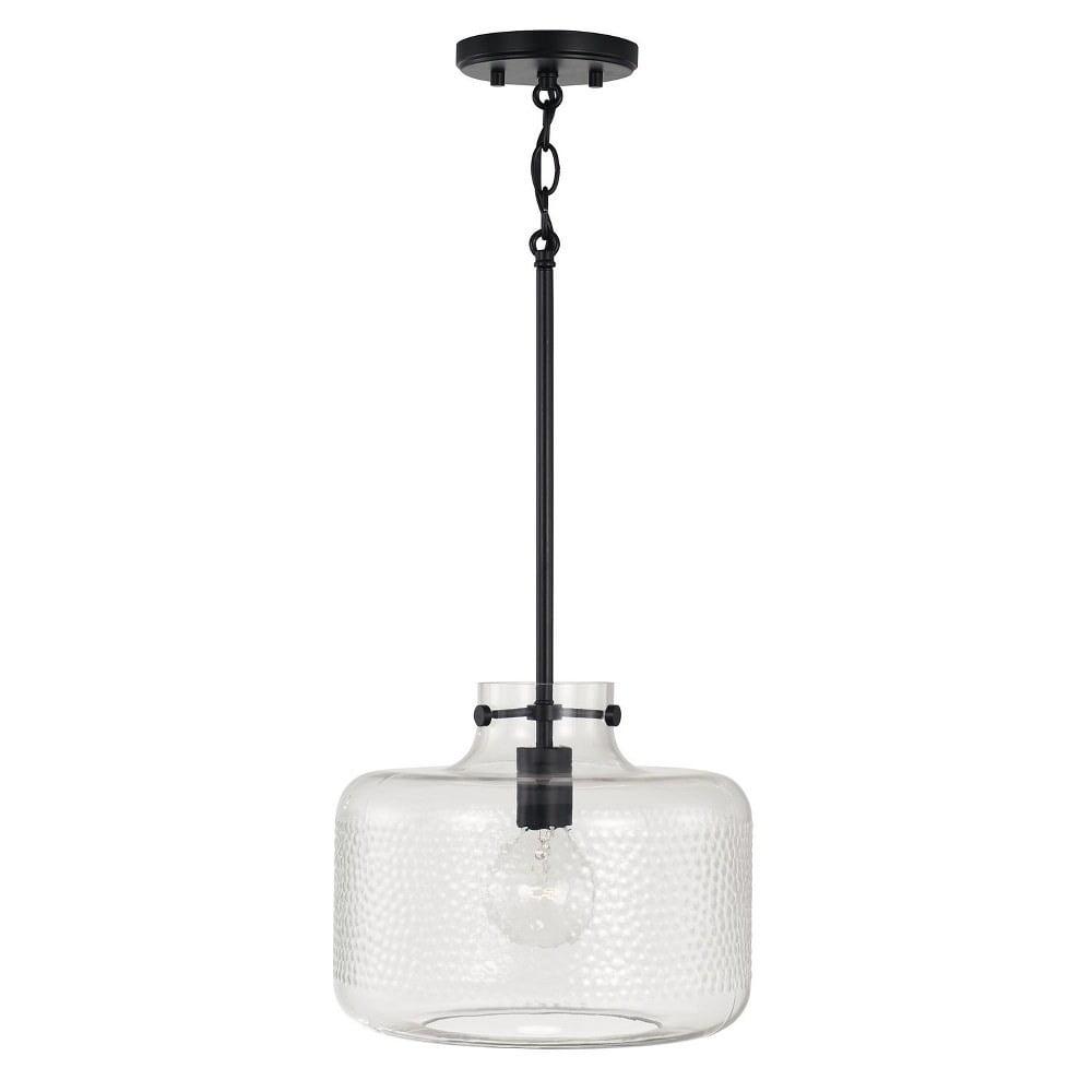 Brighton Matte Black 1-Light Pendant with Clear Pebbled Glass