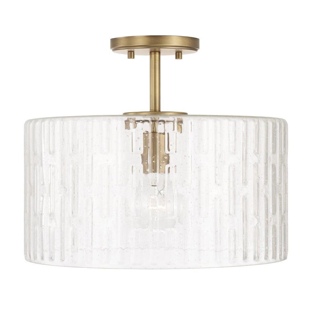 Emerson Aged Brass 1-Light Semi-Flush or Pendant with Embossed Seeded Glass