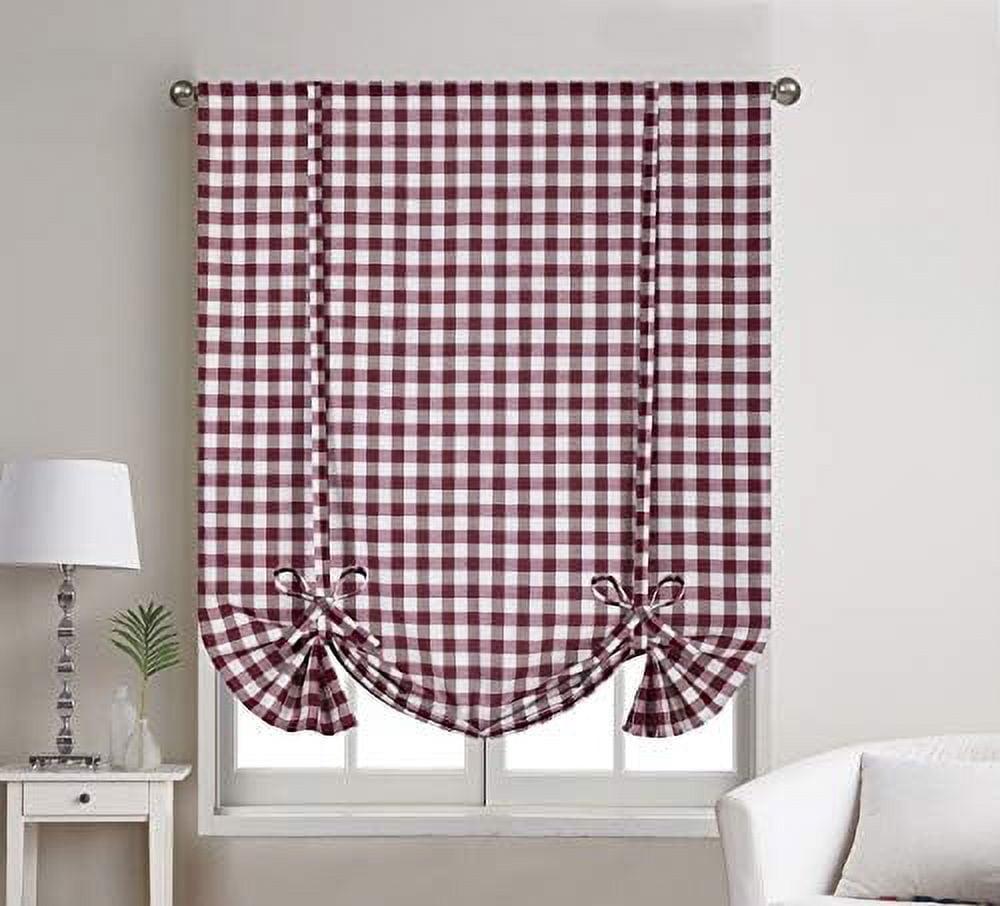 Buffalo Check Plaid Gingham Tie-Up Window Single Curtain, 42" x 63", Burgundy