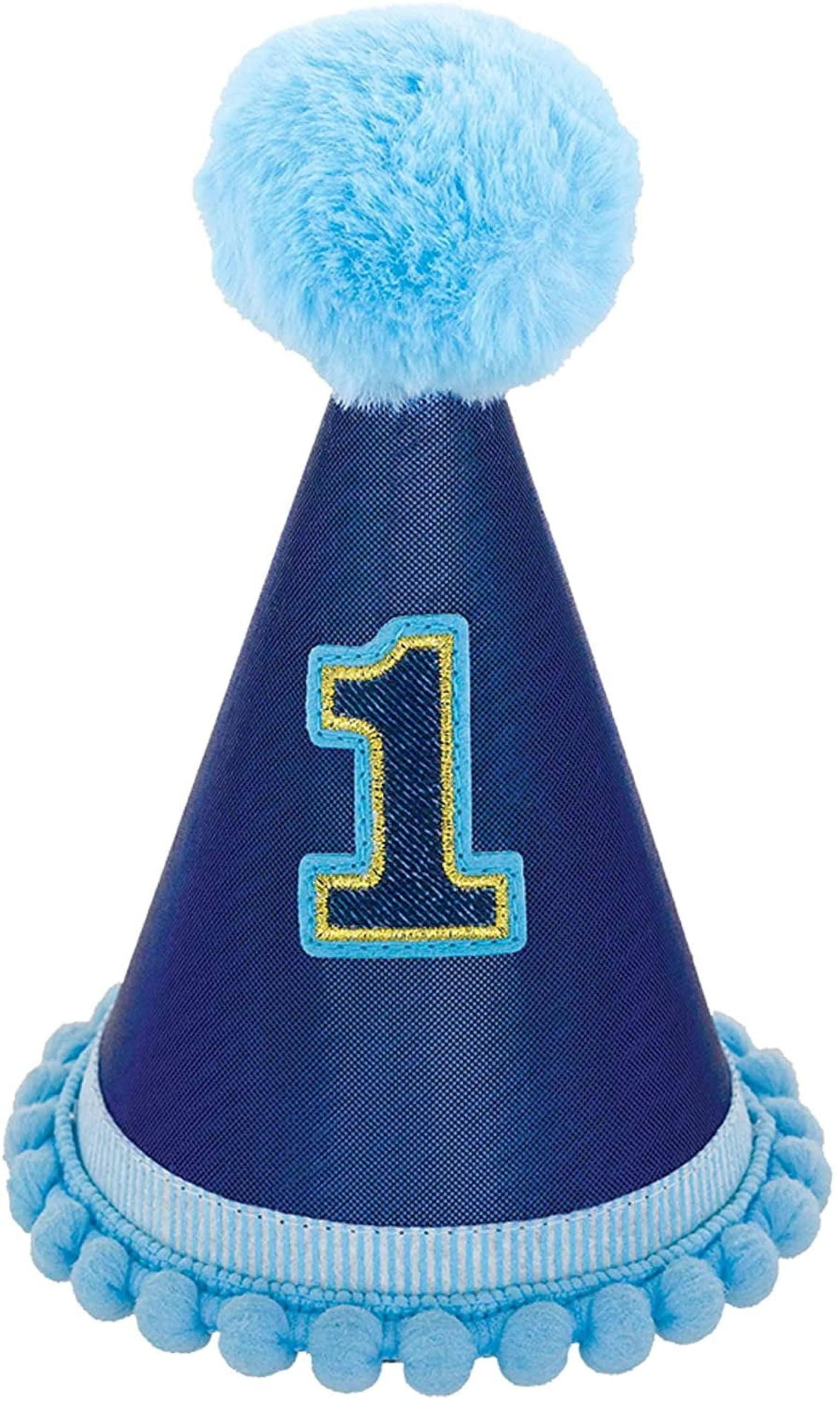 Amscan 250959 1st Birthday Blue Pom Pom Child's Party Hat, 1ct
