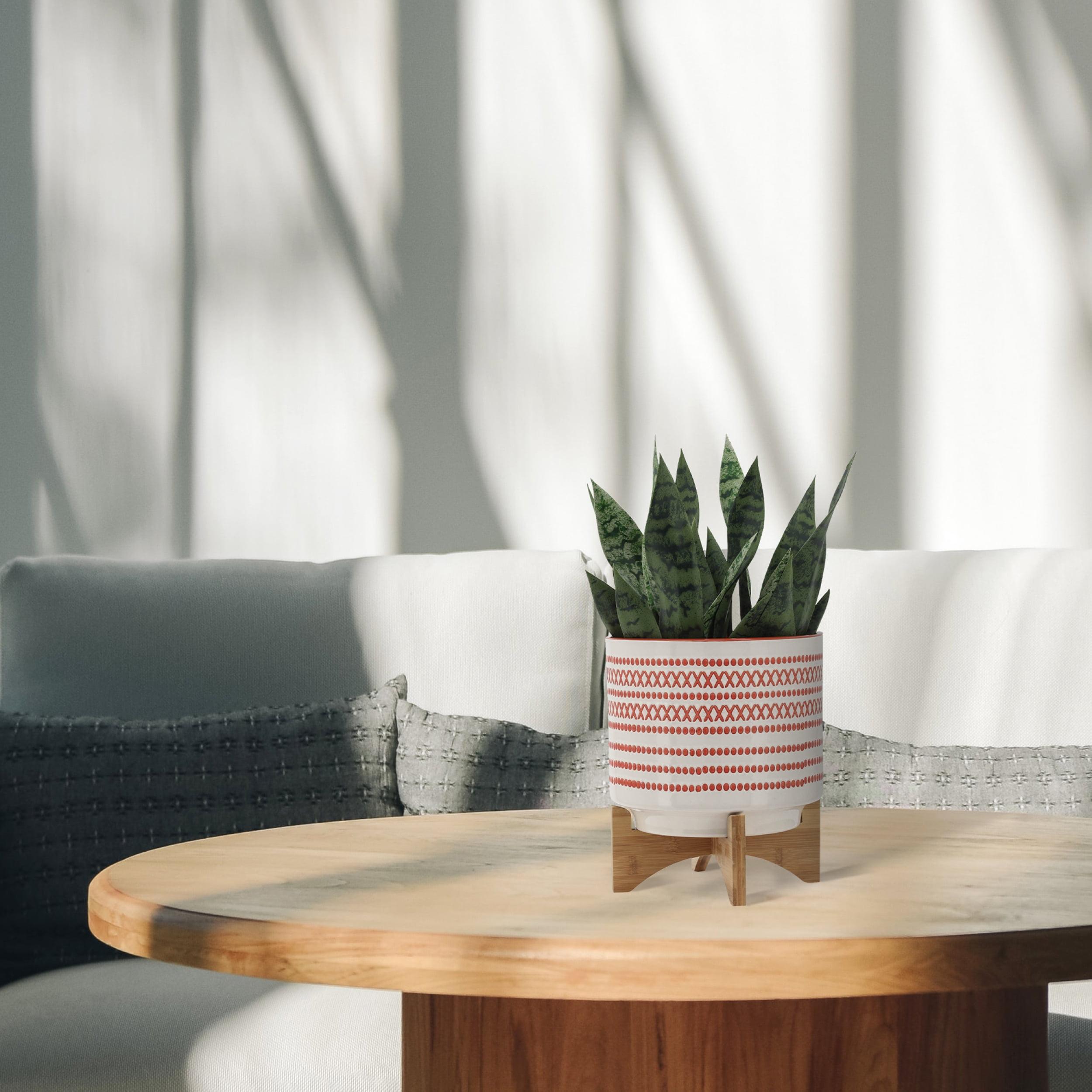 Aztec-Inspired 10" Ceramic Planter with Wooden Stand in Orange