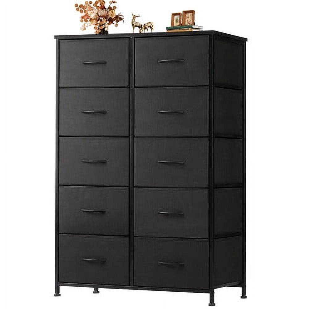Modern 10-Drawer Fabric Storage Dresser - Tall Chest of Drawers with Steel Frame, Wooden Top, for Bedroom, Closet, Entryway, Black
