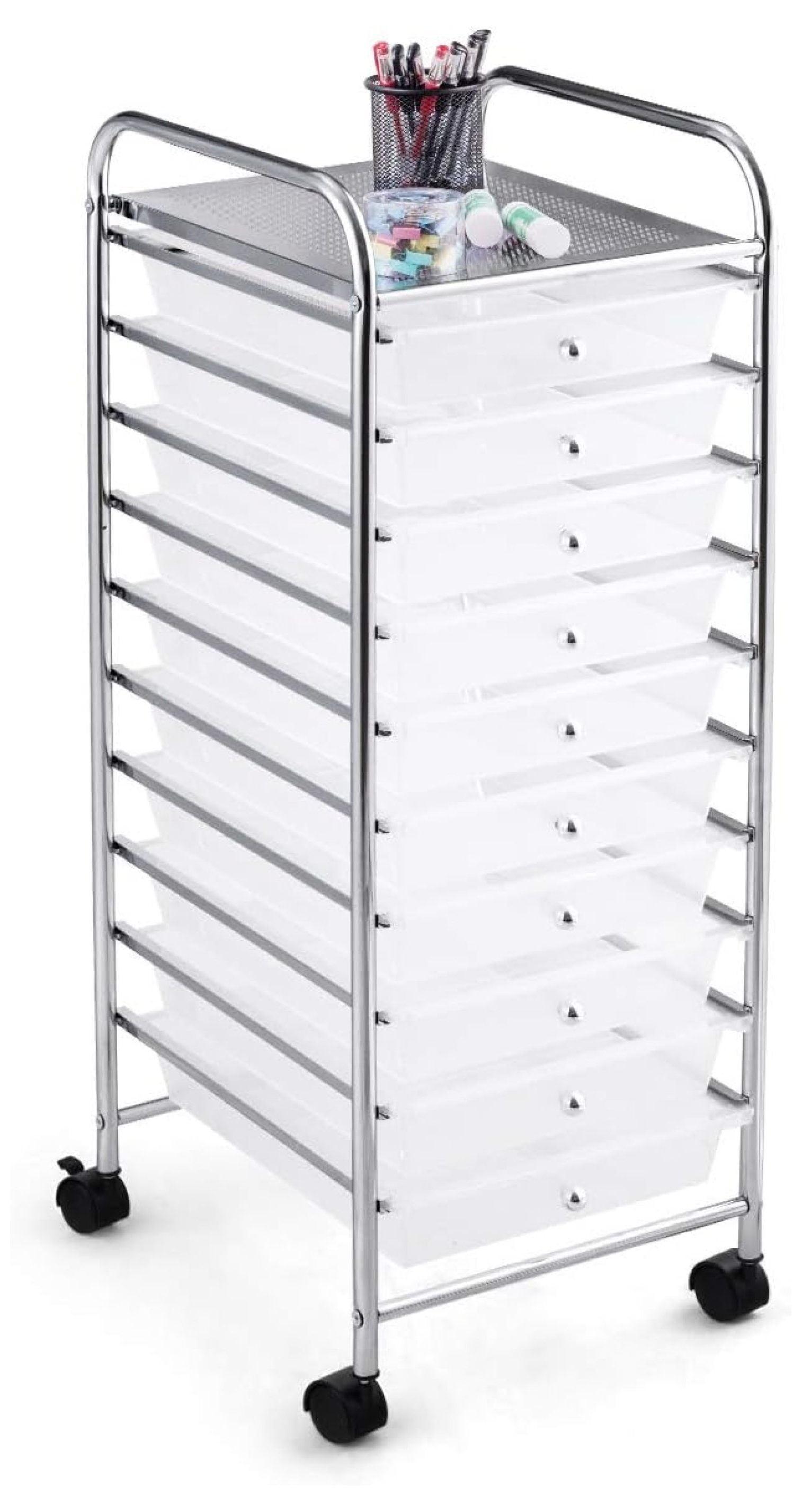 Clear 10-Drawer Rolling Storage Cart with Chrome Frame