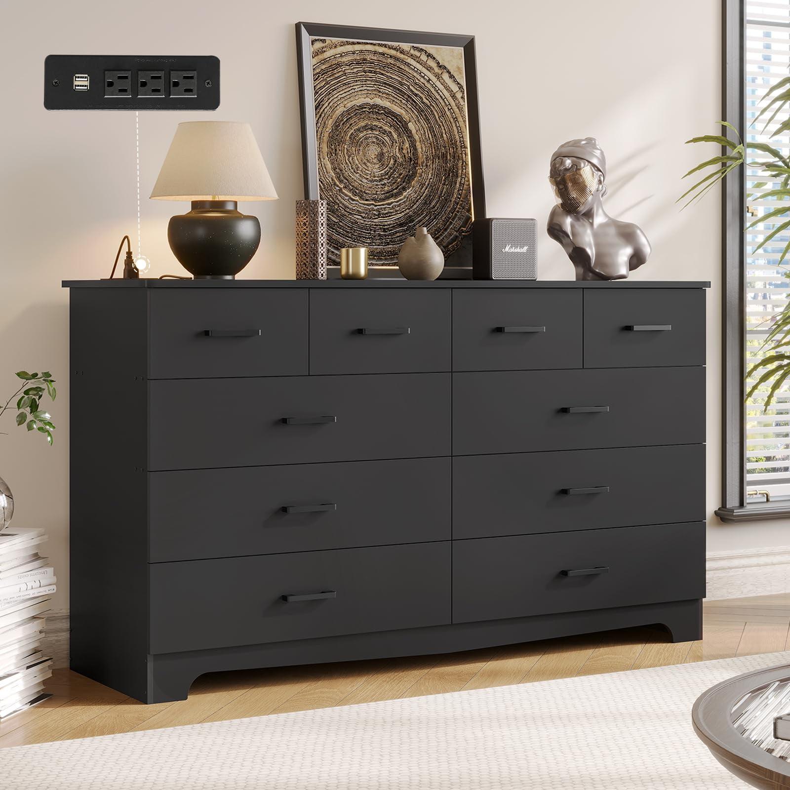 10 Drawers Dresser for Bedroom, Chest of Drawers with Charging Station, Bedroom Storage Organizer, Black