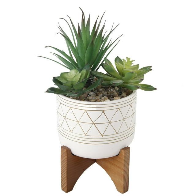 10" H Artificial Succulent Mix in Gold Geo Hand Painted Ceramic Footed Pot on Wood Stand