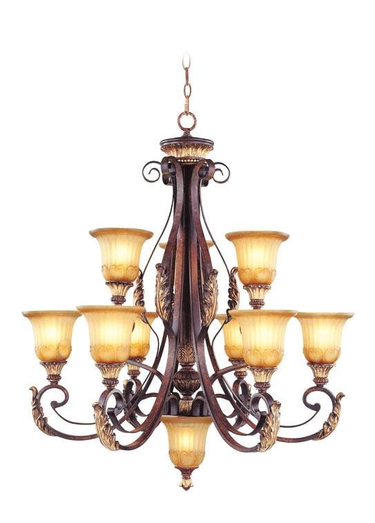 10 Light Verona Bronze Chandelier with Rustic Art Glass Shade