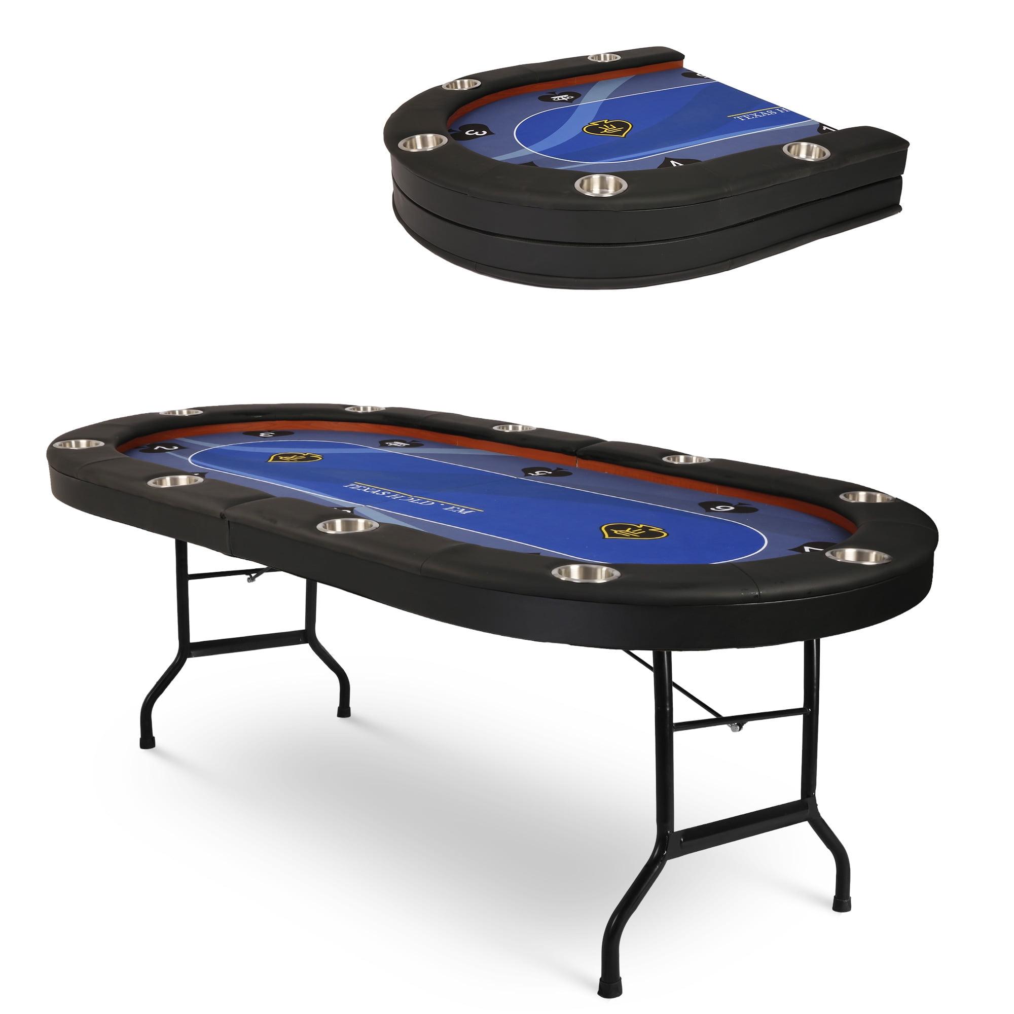 Blue Foldable 10-Player Poker Table with LED Lights and USB Ports