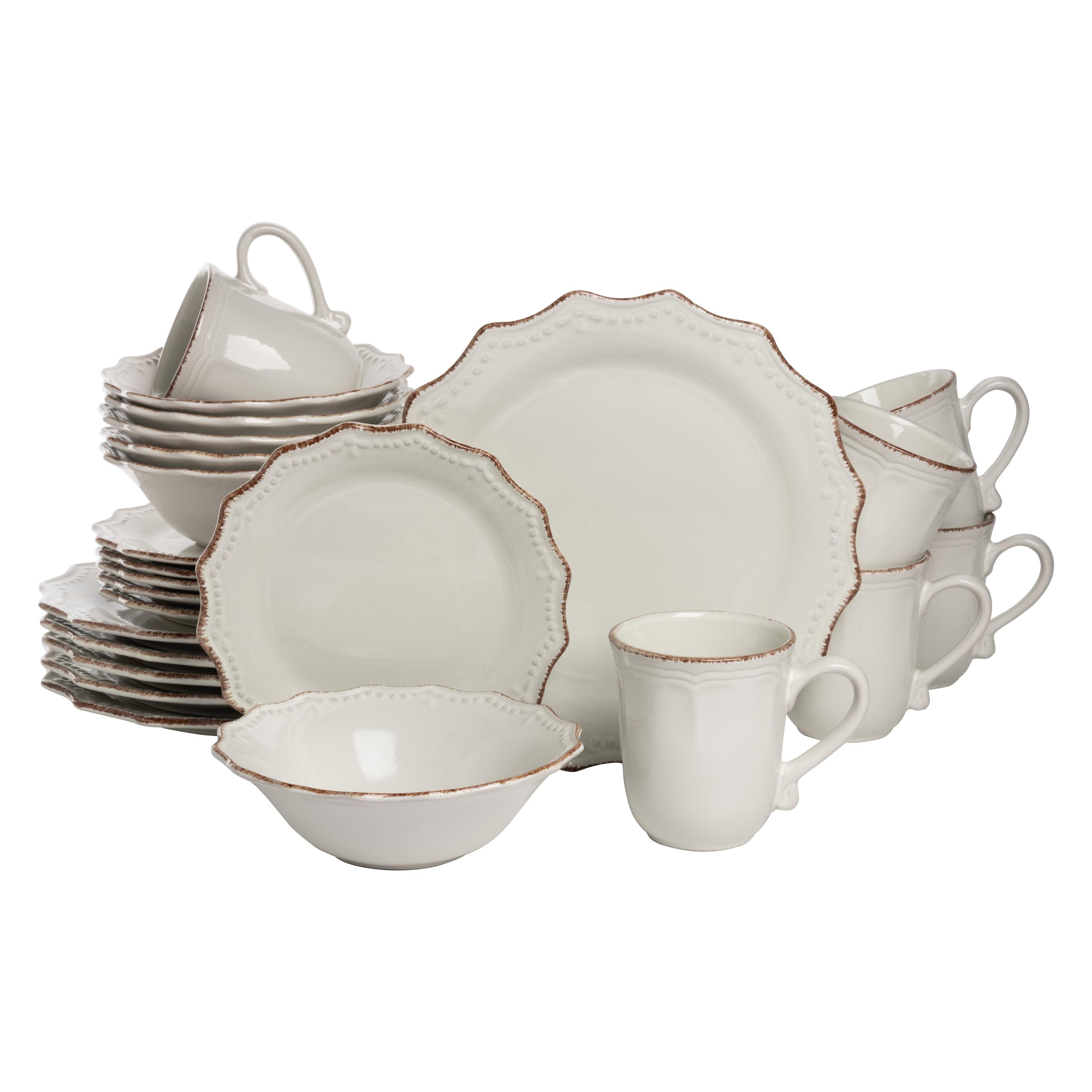 Oxford Cream Ceramic 24-Piece Dinnerware Set with Beaded Edging