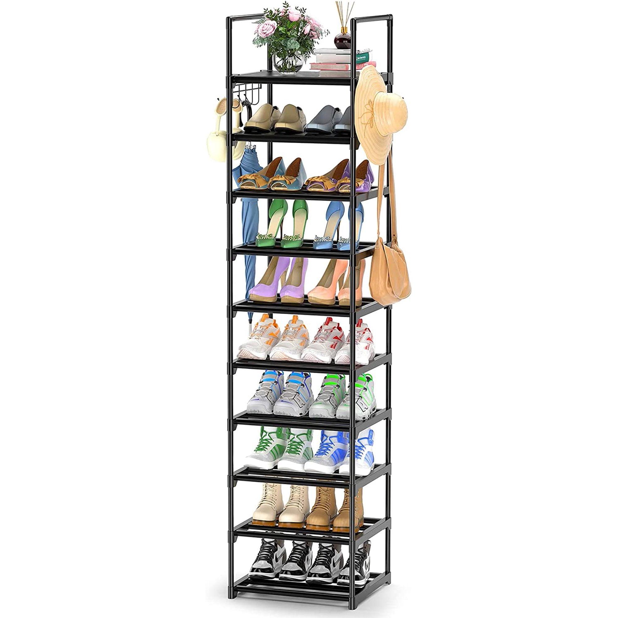 10 Tier Metal Shoes Rack, BUG HULL Narrow Stackable Shoes Shelf with Hooks, Shoe Tower for 20-24 Pairs Shoe and Boots Organizer, Black