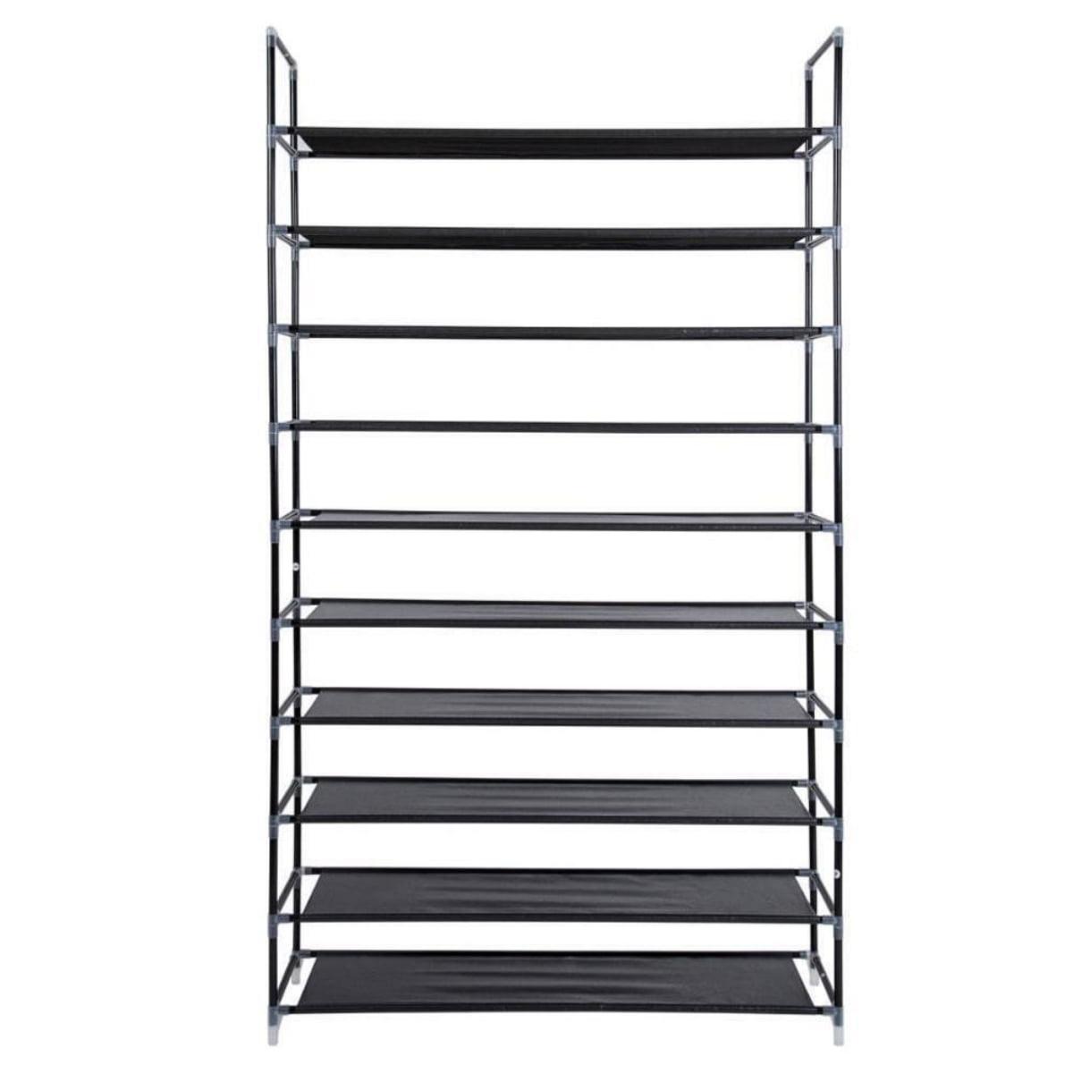 Black 10-Tier Stackable Shoe Rack with Fabric Shelves