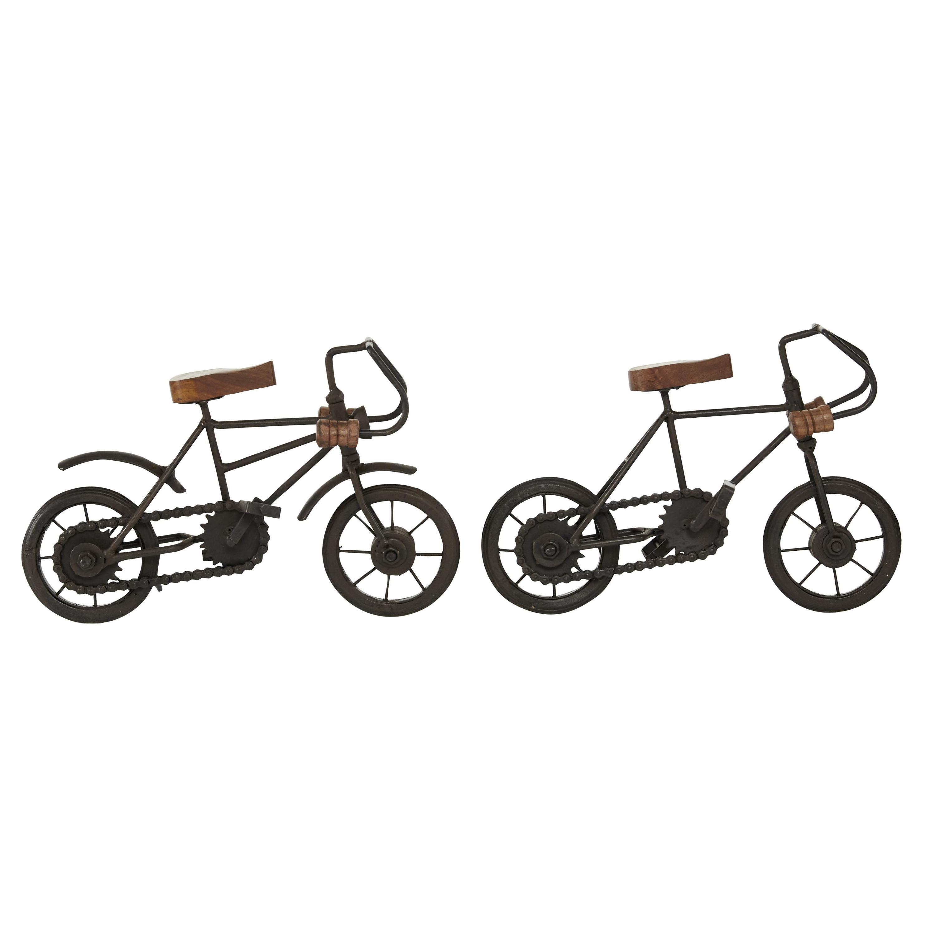 10"W, 7"H Black Metal Bike Sculpture with Wood Accents, by DecMode (2 Count)