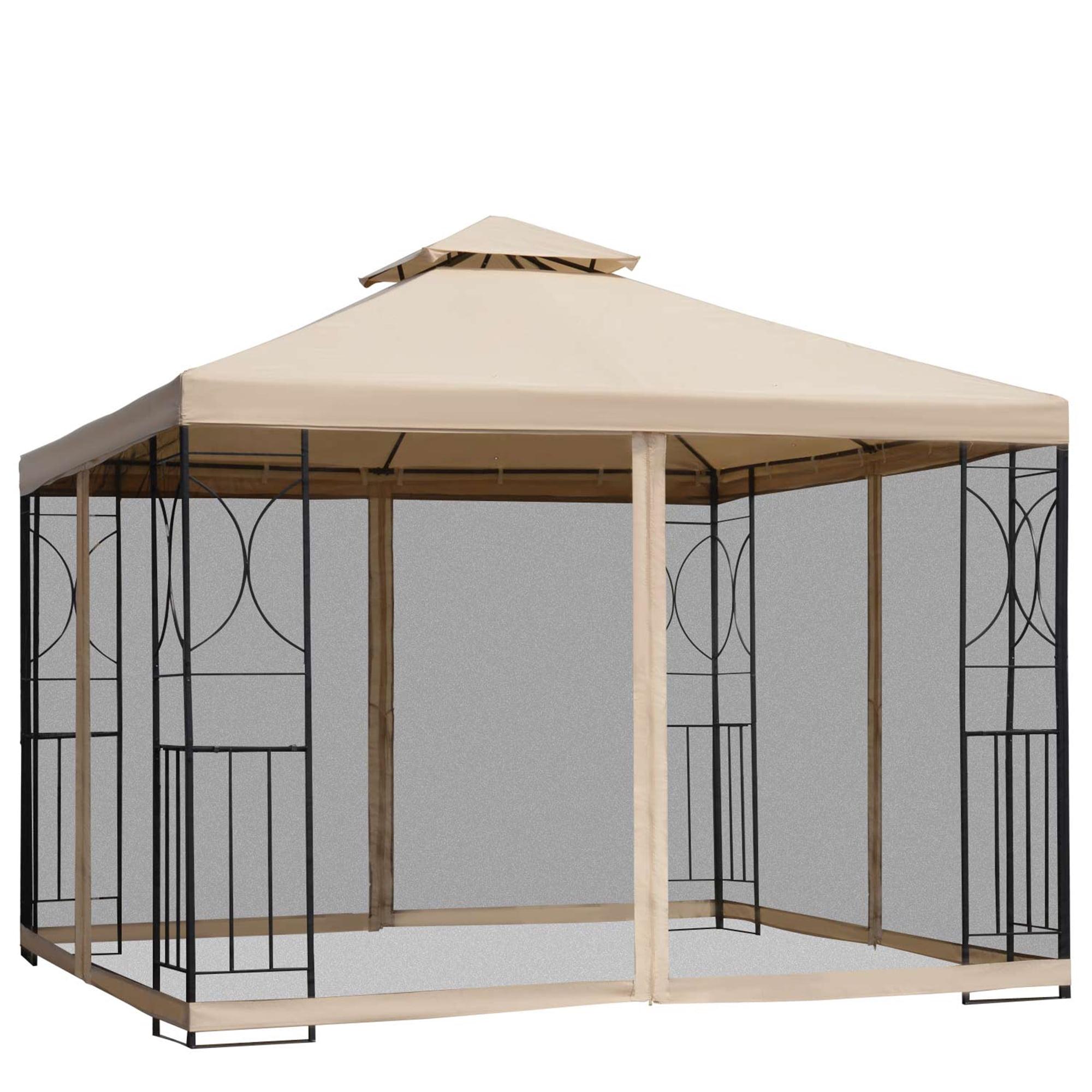 Outsunny 10' x 10' Steel Outdoor Patio Gazebo Canopy with Privacy Mesh Curtains, Weather-Resistant Roof, & Storage Trays
