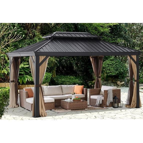 Barton 10x14 Gazebo, Hardtop Gazebo With Aluminum Frame, Double Galvanized Steel Roof, Curtains and Netting Included, Metal Gazebos Pergolas for Patios, Garden, Parties, Lawns