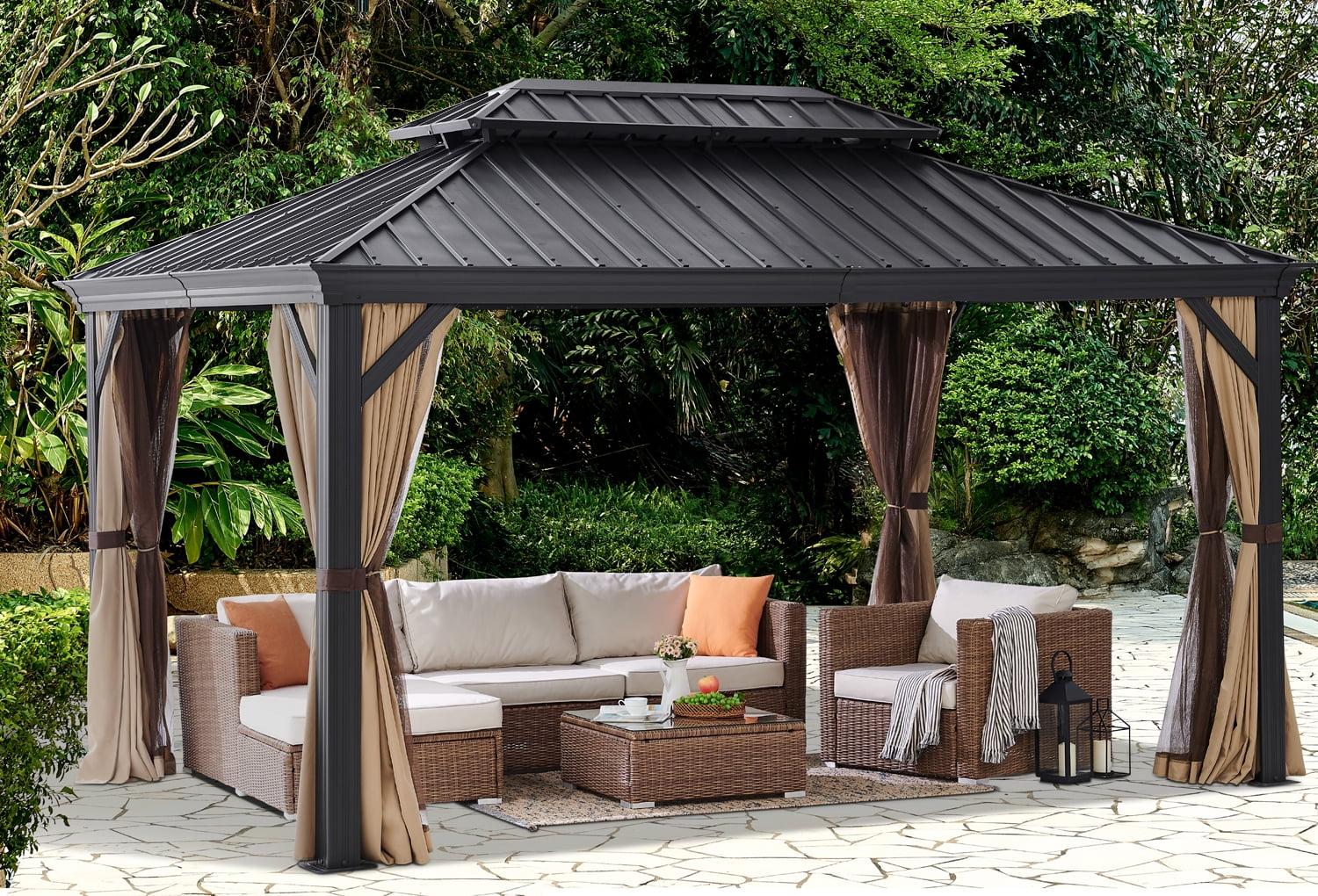 10' x 14' Black Aluminum Hardtop Gazebo with Curtains and Netting