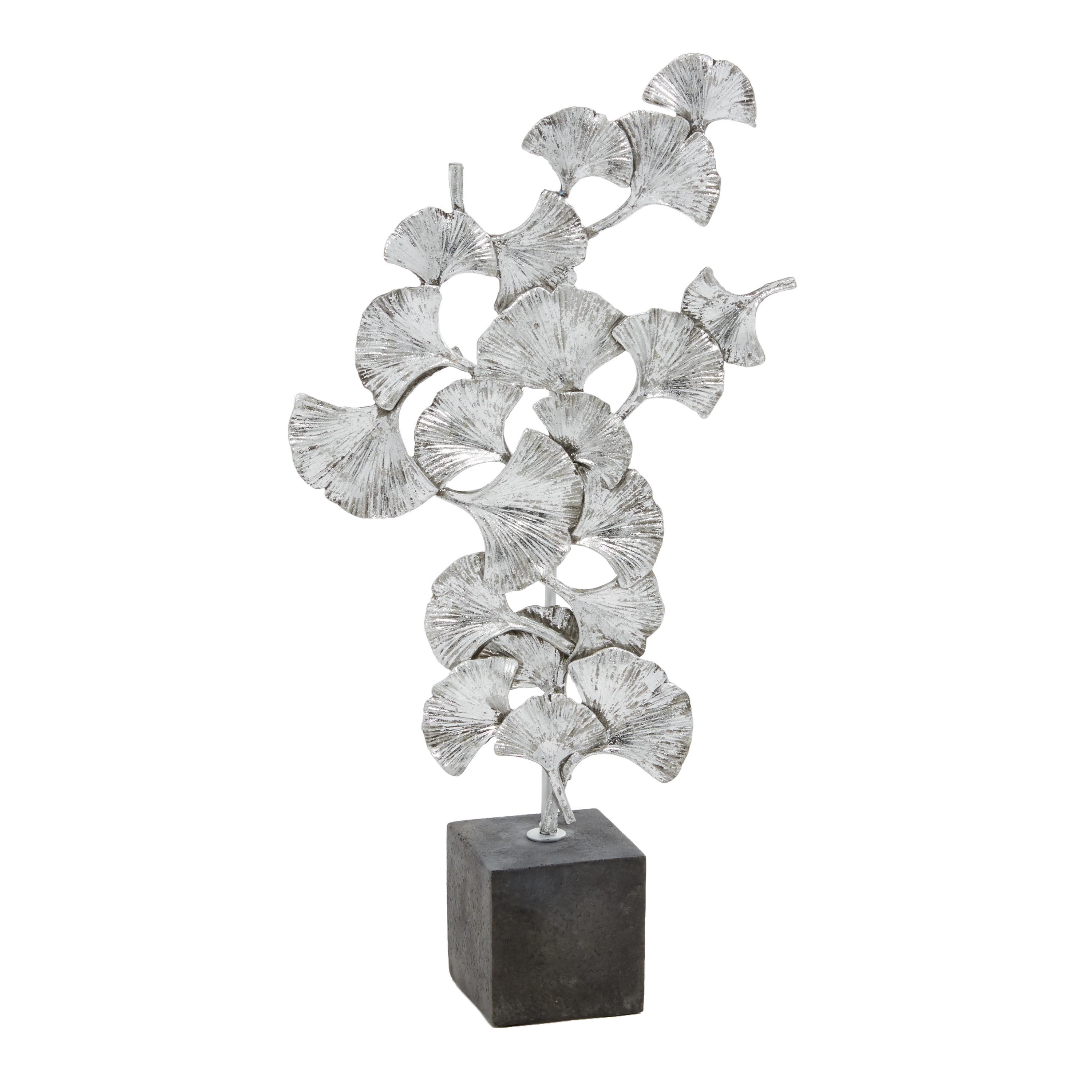 Silver Floral Metal Sculpture with Black Block Base